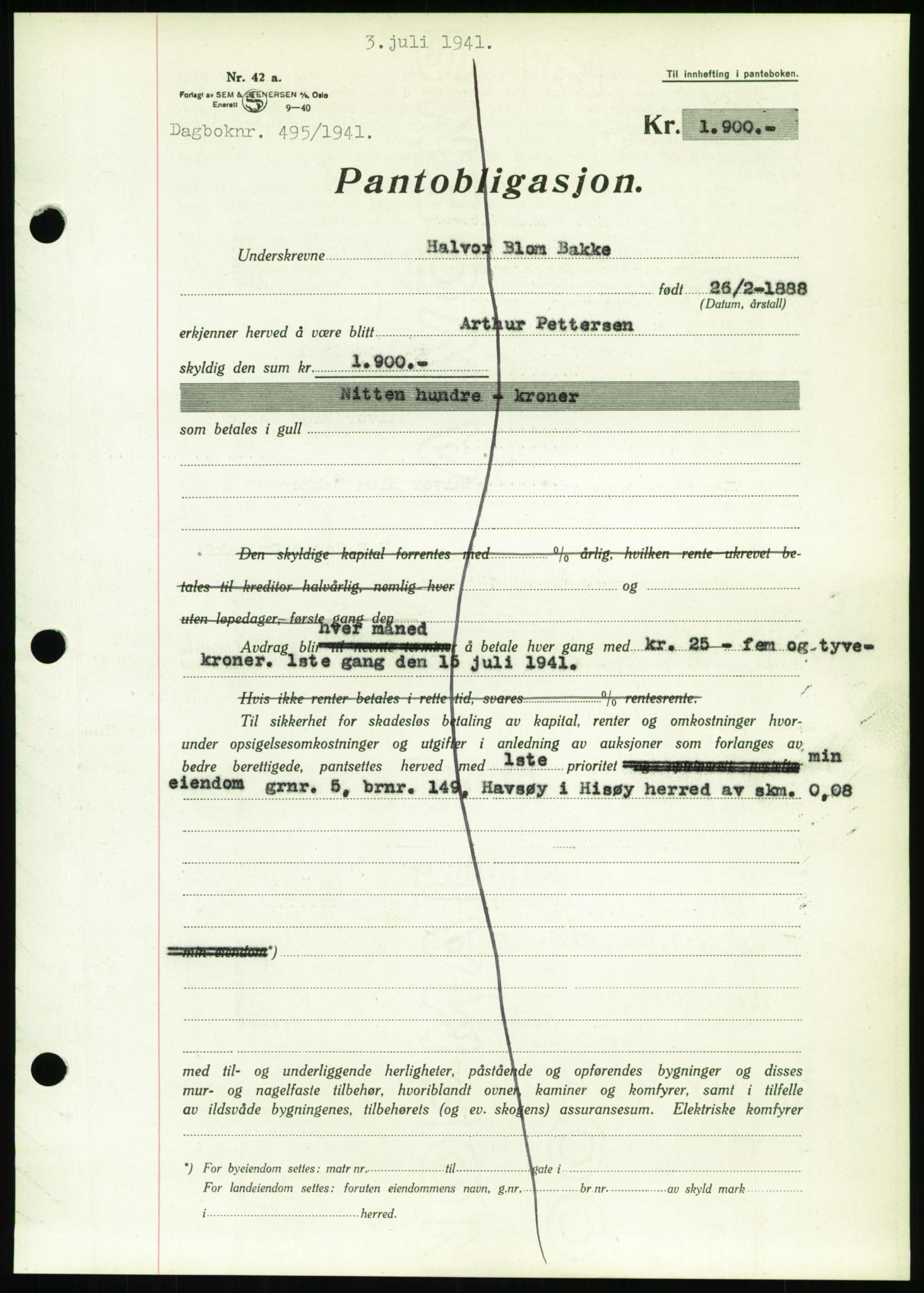 Nedenes sorenskriveri, SAK/1221-0006/G/Gb/Gbb/L0001: Pantebok nr. I, 1939-1942, Dagboknr: 495/1941
