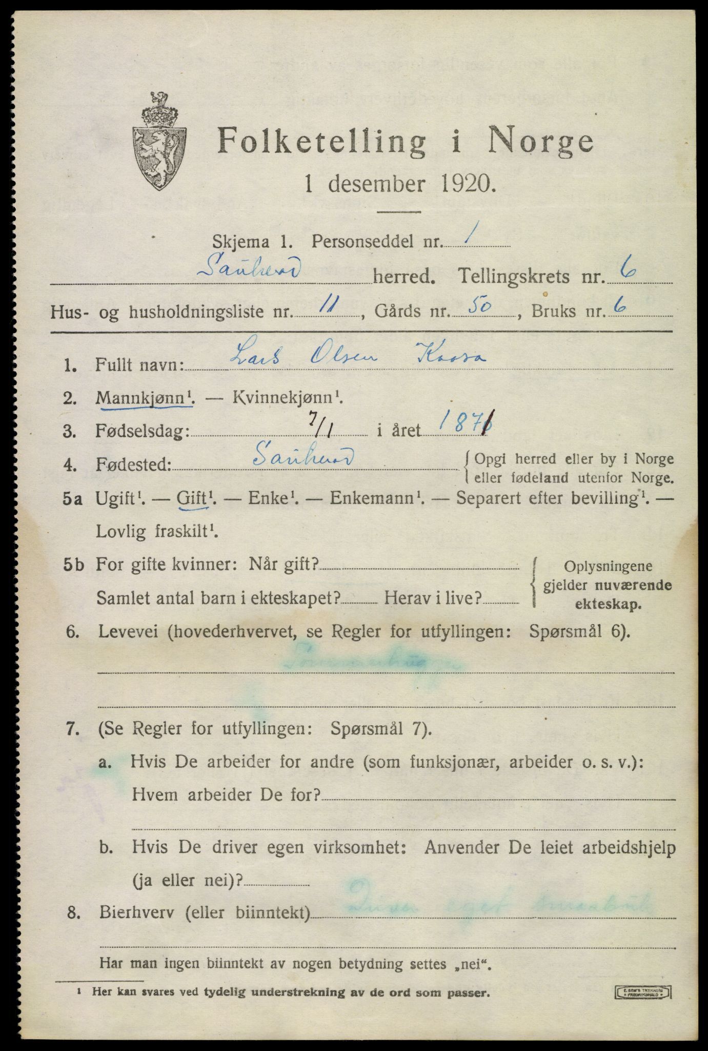 SAKO, Folketelling 1920 for 0822 Sauherad herred, 1920, s. 5175