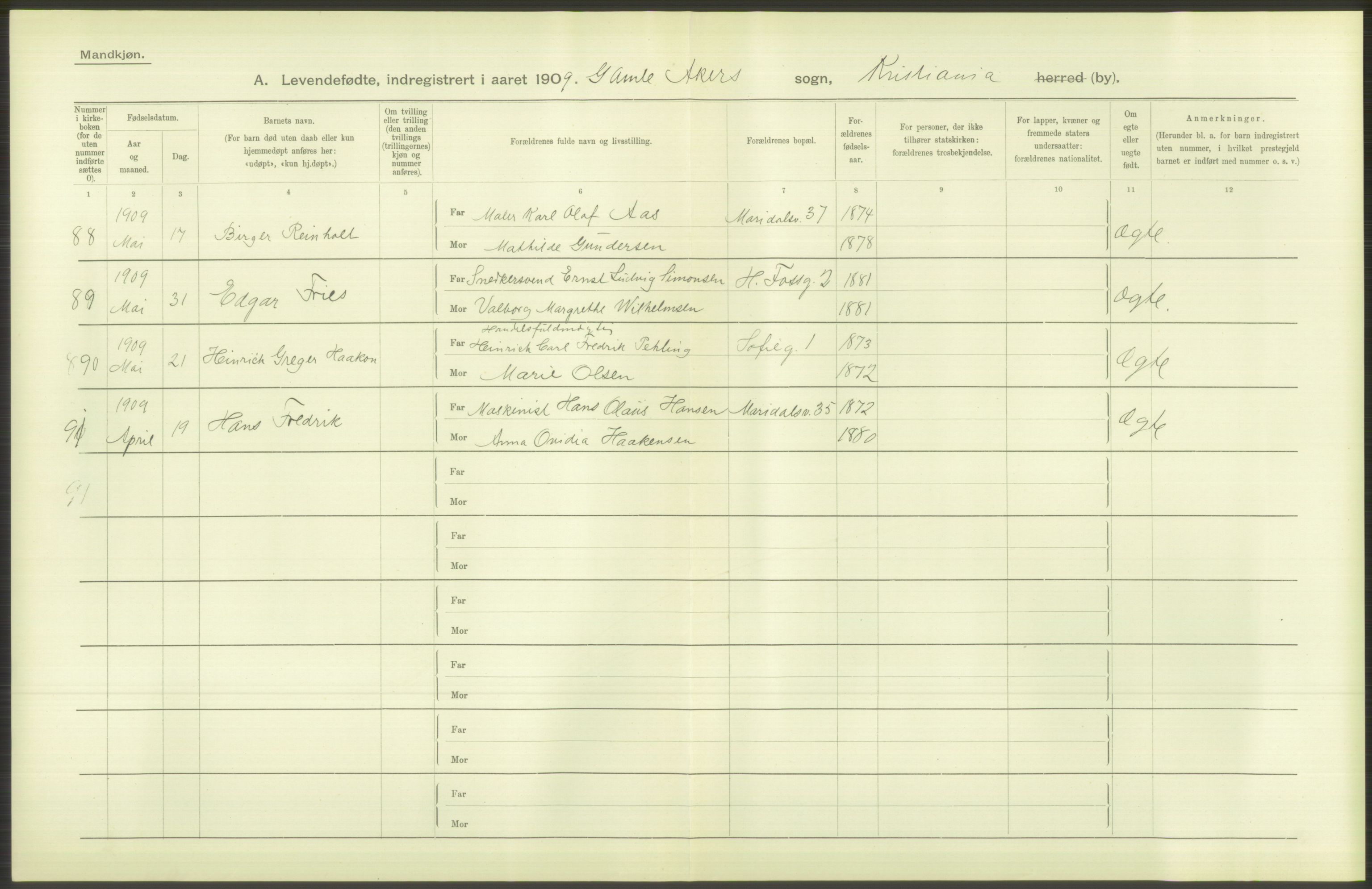 Statistisk sentralbyrå, Sosiodemografiske emner, Befolkning, AV/RA-S-2228/D/Df/Dfa/Dfag/L0007: Kristiania: Levendefødte menn og kvinner., 1909, s. 376