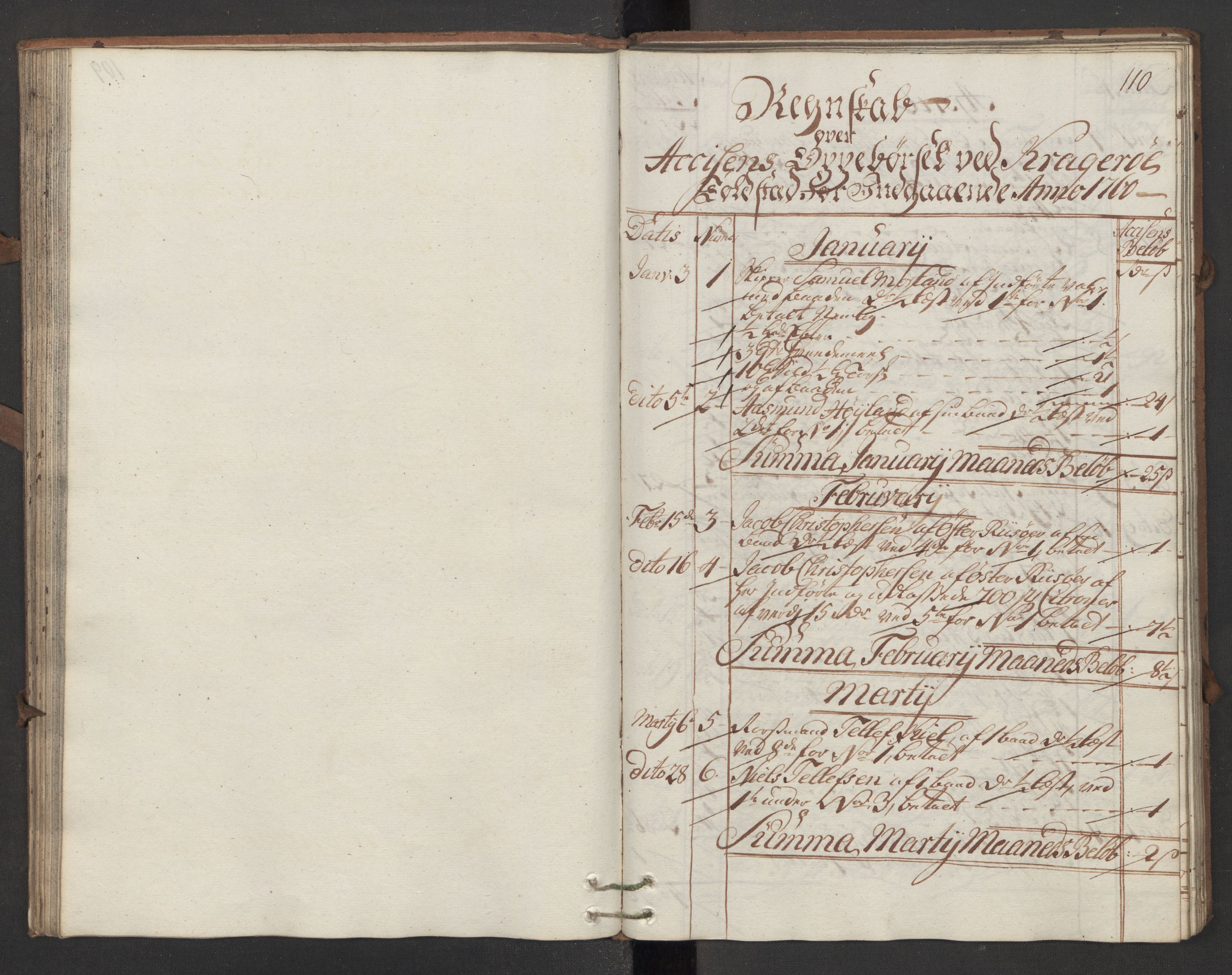 Generaltollkammeret, tollregnskaper, AV/RA-EA-5490/R13/L0028/0001: Tollregnskaper Kragerø / Inngående hovedtollbok, 1760, s. 109b-110a