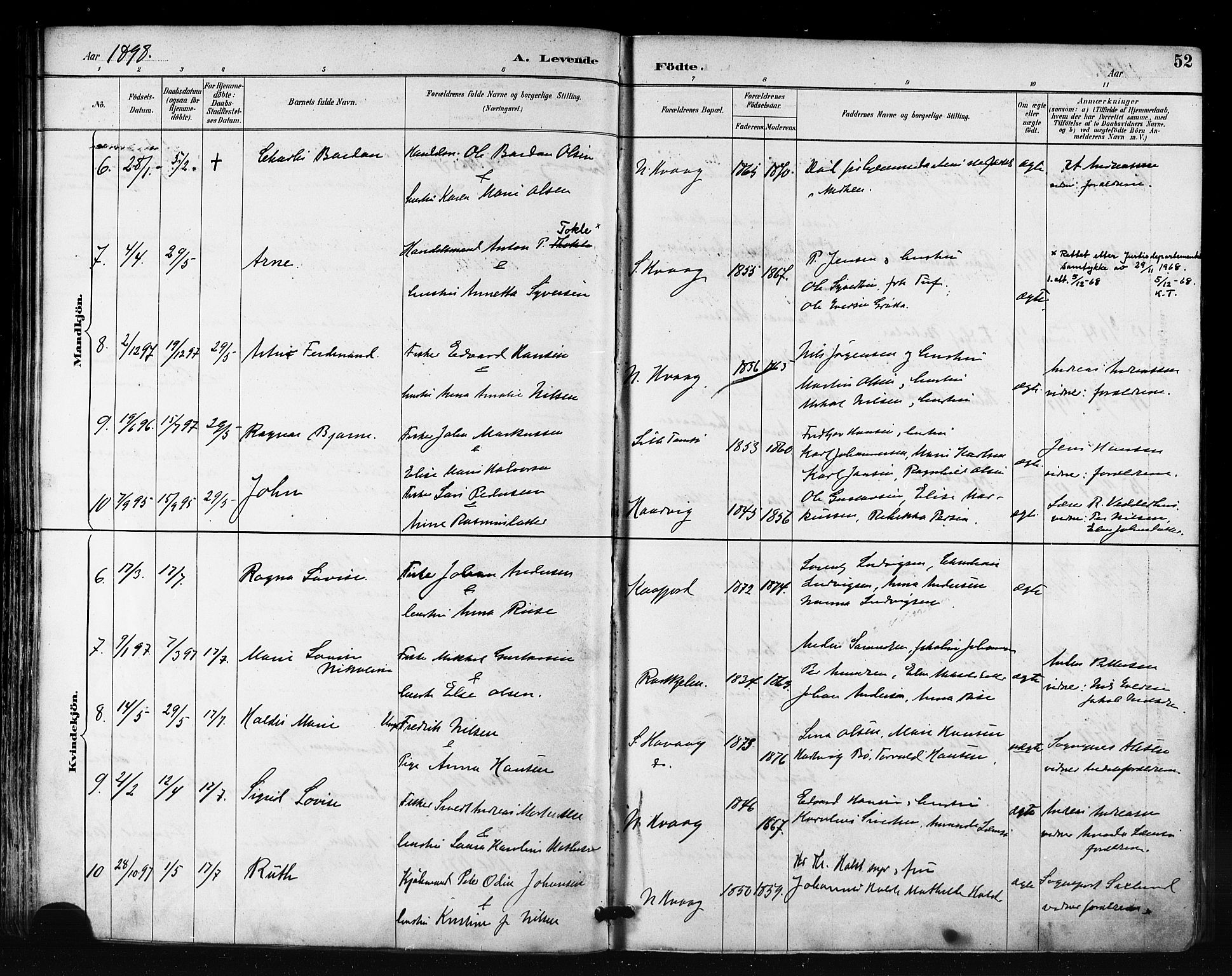 Måsøy sokneprestkontor, AV/SATØ-S-1348/H/Ha/L0007kirke: Ministerialbok nr. 7, 1887-1899, s. 52