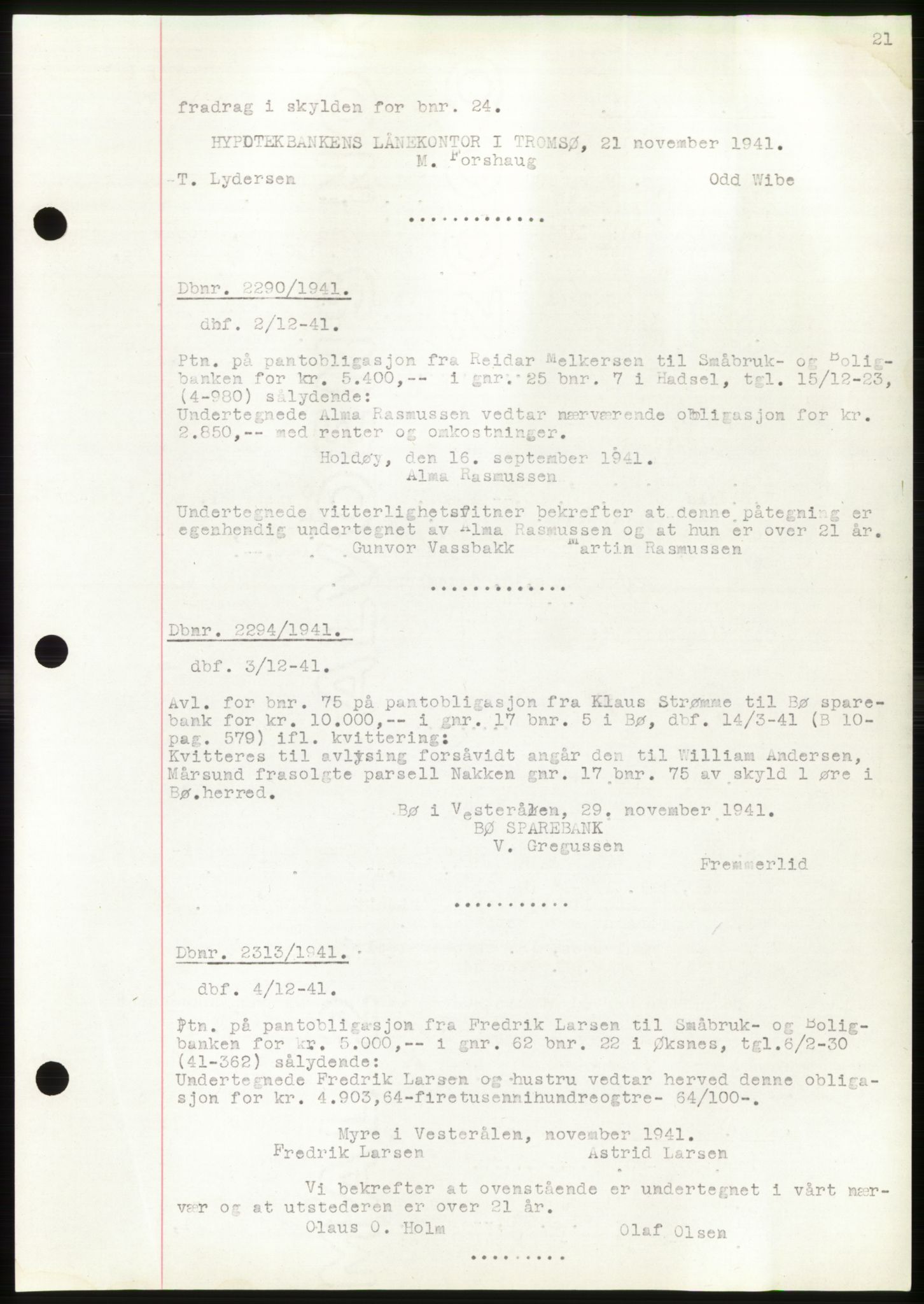 Vesterålen sorenskriveri, AV/SAT-A-4180/1/2/2Ca: Pantebok nr. B11-14, 1941-1946, Dagboknr: 2290/1941