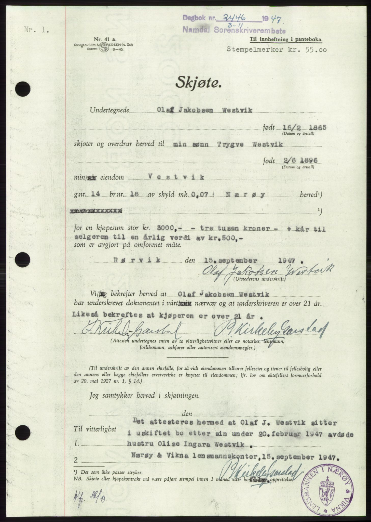 Namdal sorenskriveri, SAT/A-4133/1/2/2C: Pantebok nr. -, 1947-1948, Dagboknr: 2446/1947