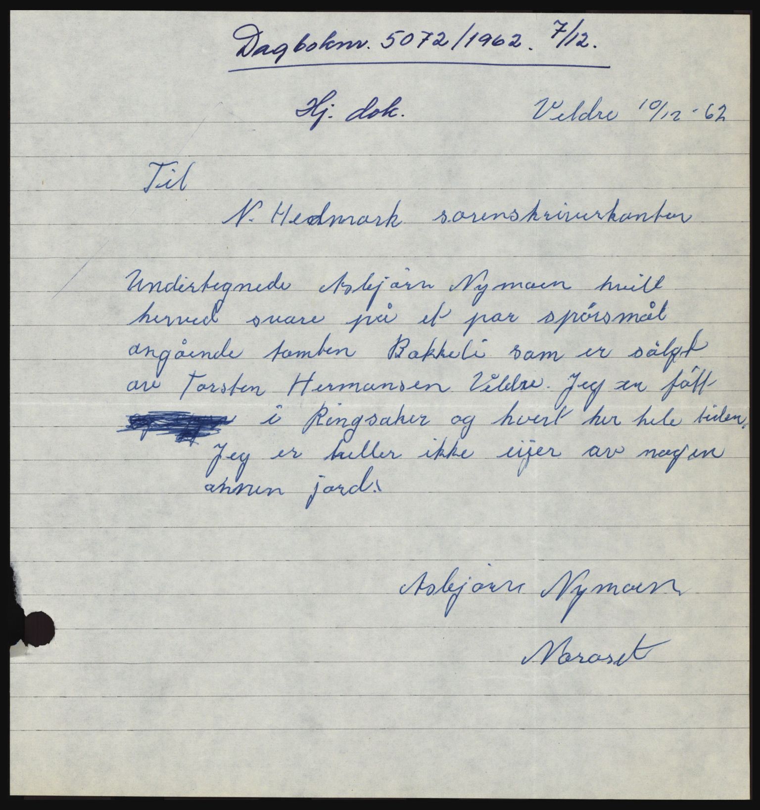 Nord-Hedmark sorenskriveri, SAH/TING-012/H/Hc/L0017: Pantebok nr. 17, 1962-1963, Dagboknr: 5072/1962