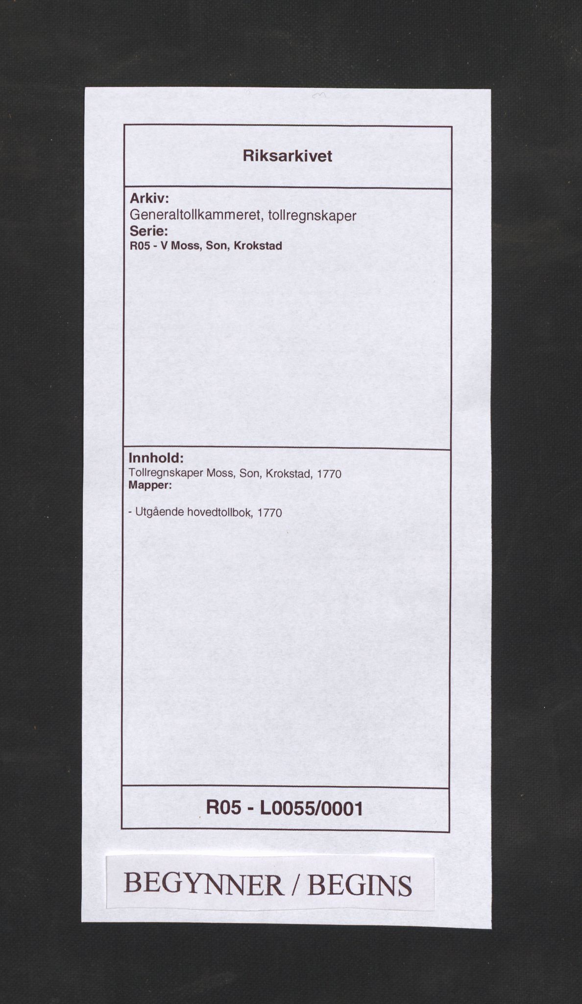 Generaltollkammeret, tollregnskaper, RA/EA-5490/R05/L0055/0001: Tollregnskaper Moss, Son, Krokstad / Utgående hovedtollbok, 1770