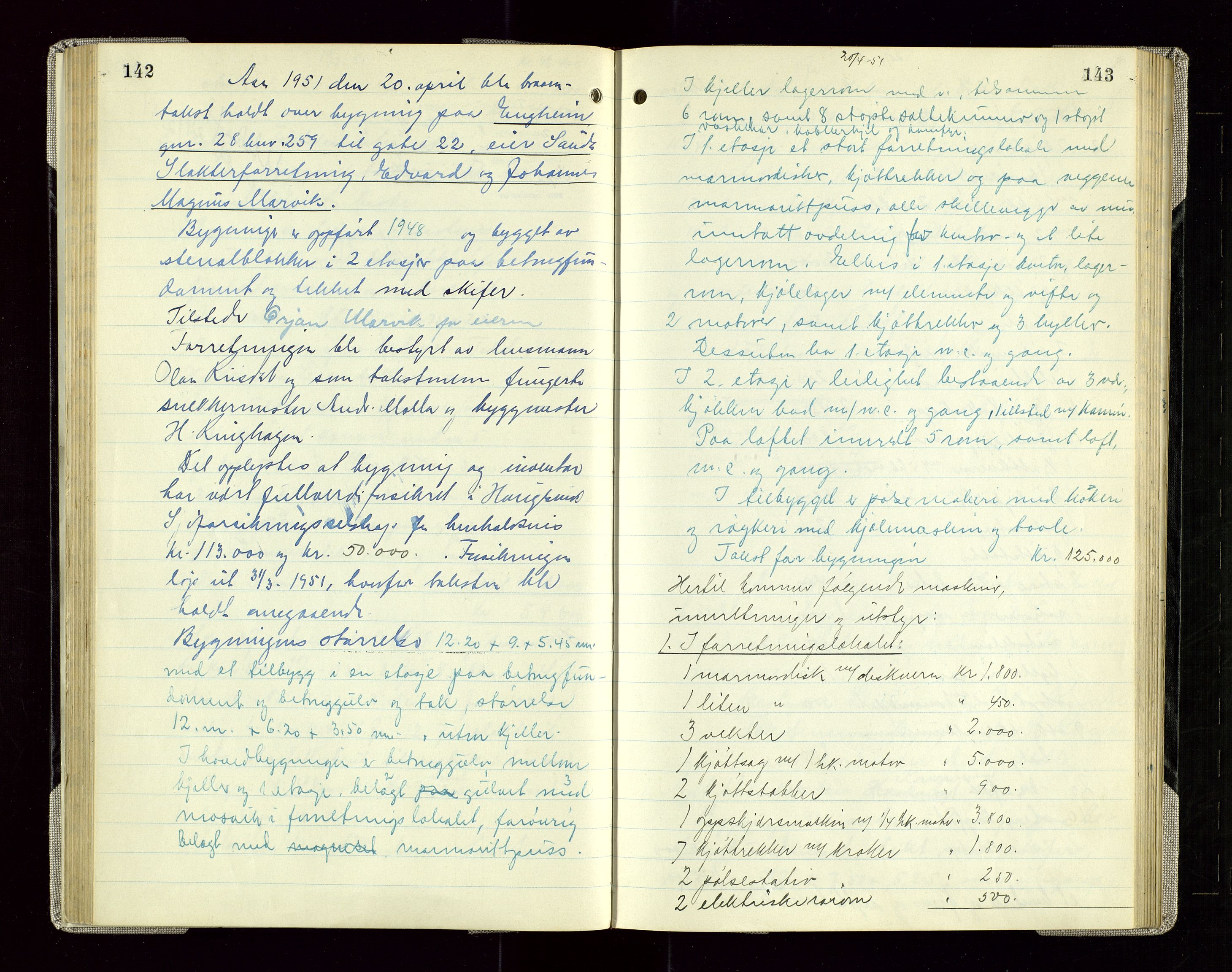Sauda lensmannskontor, AV/SAST-A-100177/Goa/L0005: "Branntakstprotokoll for Sauda lensmannsdistrikt", 1946-1955, s. 142-143
