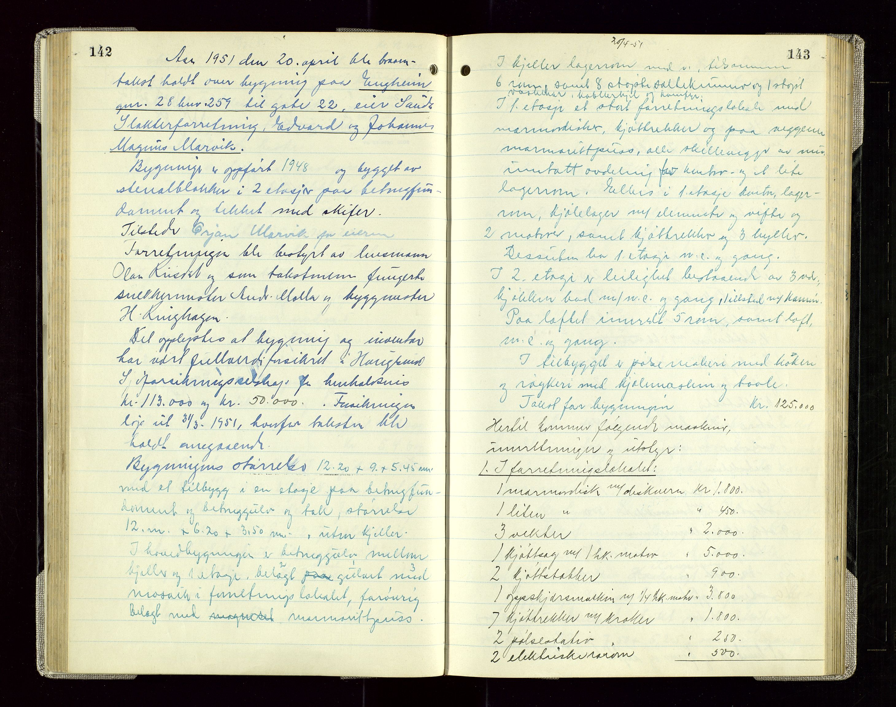 Sauda lensmannskontor, SAST/A-100177/Goa/L0005: "Branntakstprotokoll for Sauda lensmannsdistrikt", 1946-1955, s. 142-143