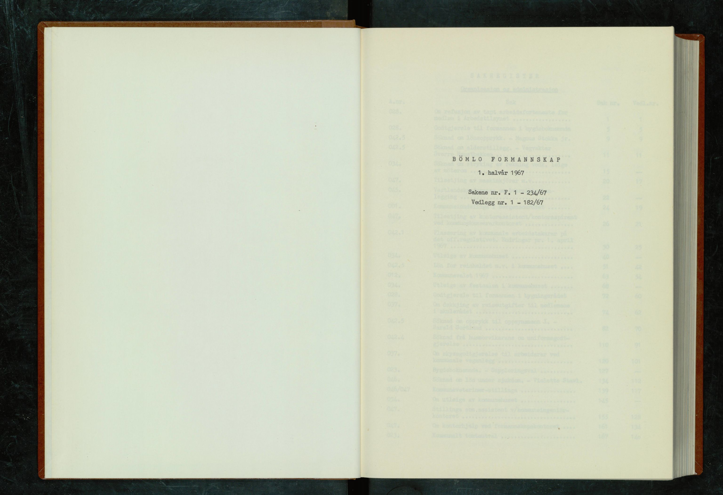 Bømlo kommune. Formannskapet, IKAH/1219-021/A/Ab/L0004/0001: Saksregister til møtebøkene  / Saksregister 1. halvår 1967, 1967