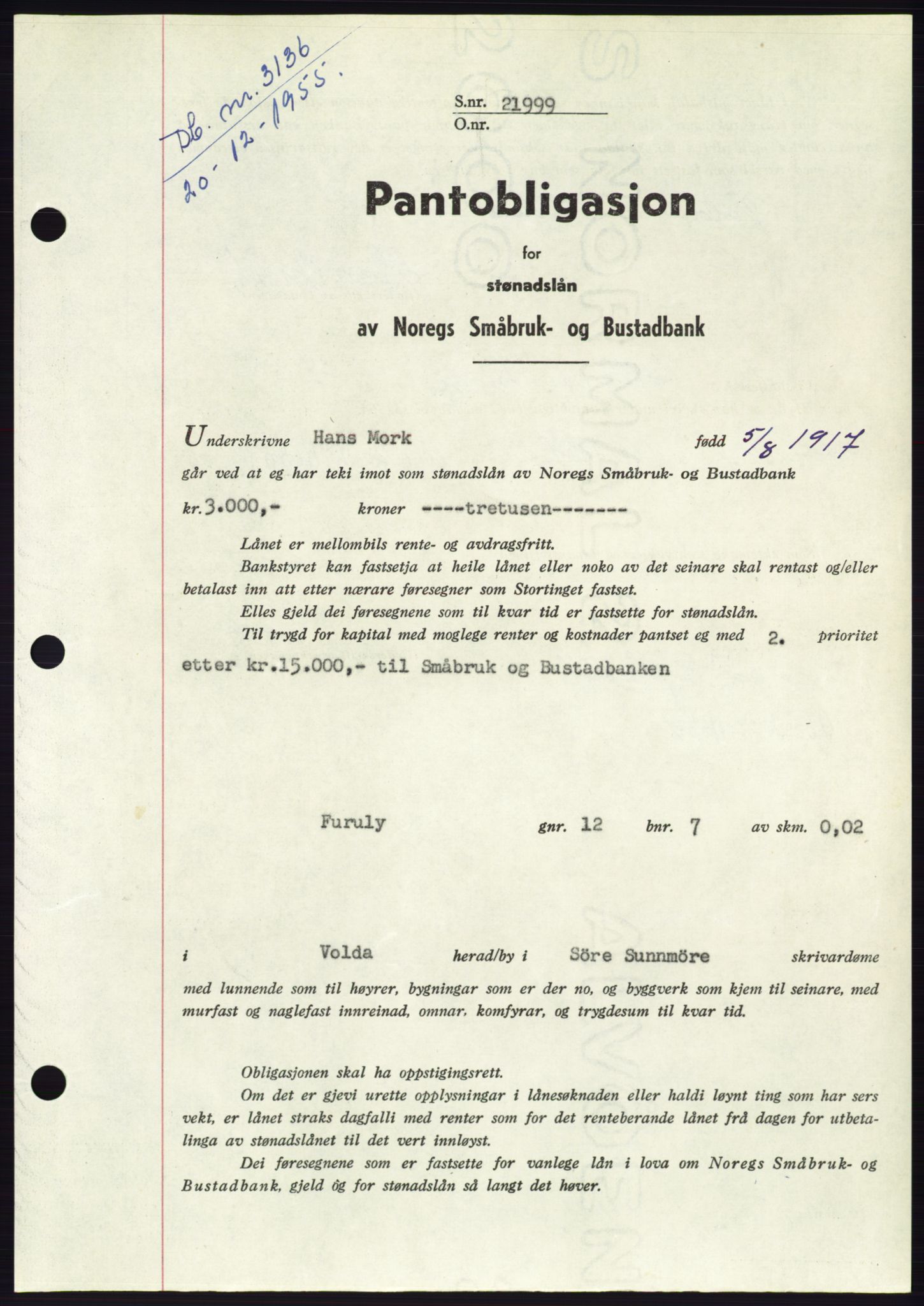 Søre Sunnmøre sorenskriveri, SAT/A-4122/1/2/2C/L0102: Pantebok nr. 28A, 1955-1956, Dagboknr: 3136/1955