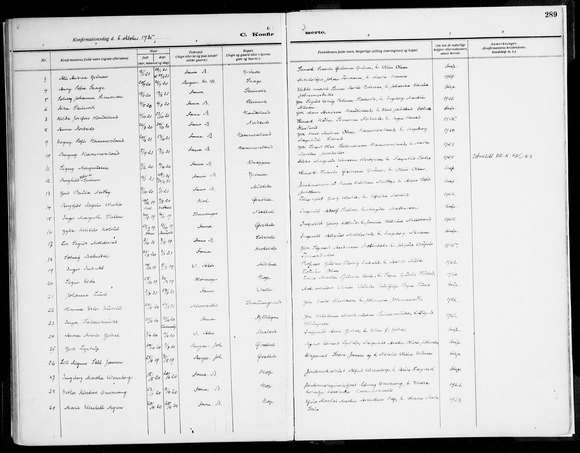 Fana Sokneprestembete, AV/SAB-A-75101/H/Haa/Haaj/L0001: Ministerialbok nr. J 1, 1921-1935, s. 289