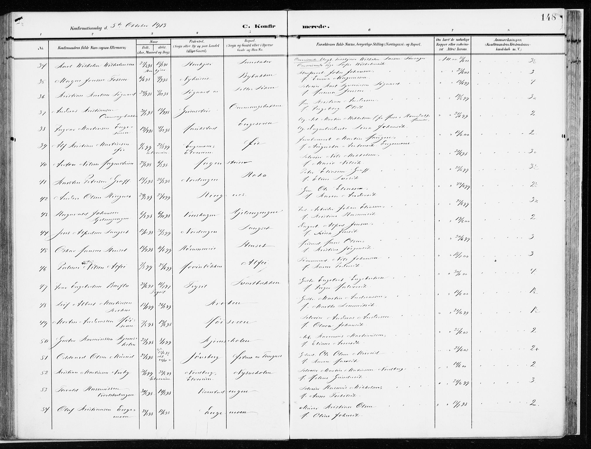 Løten prestekontor, AV/SAH-PREST-022/K/Ka/L0011: Ministerialbok nr. 11, 1908-1917, s. 148