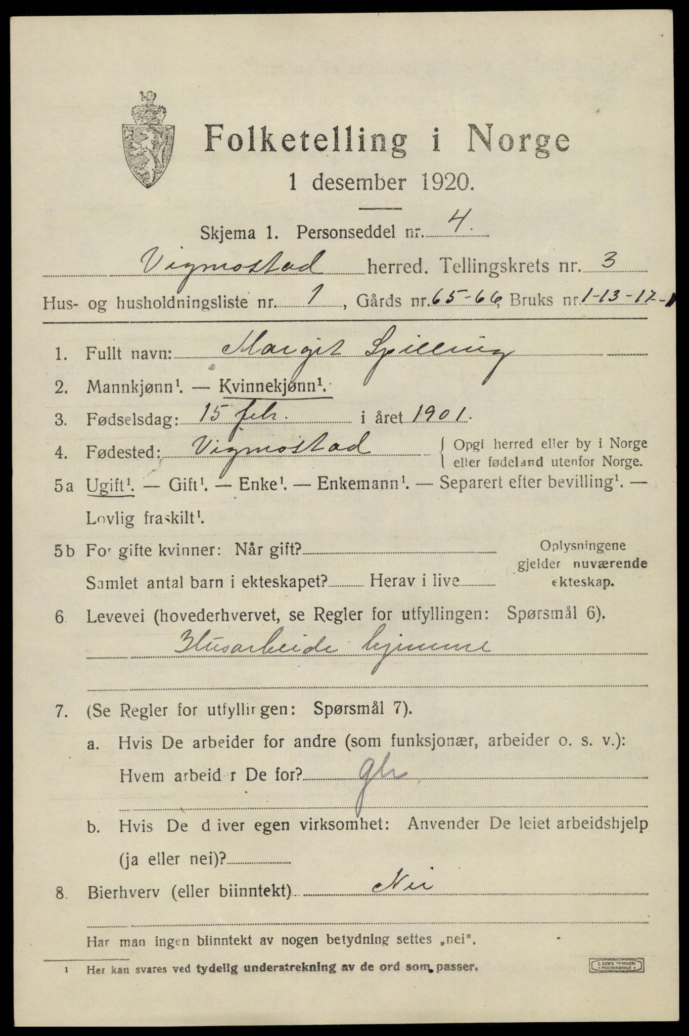SAK, Folketelling 1920 for 1028 Vigmostad herred, 1920, s. 821