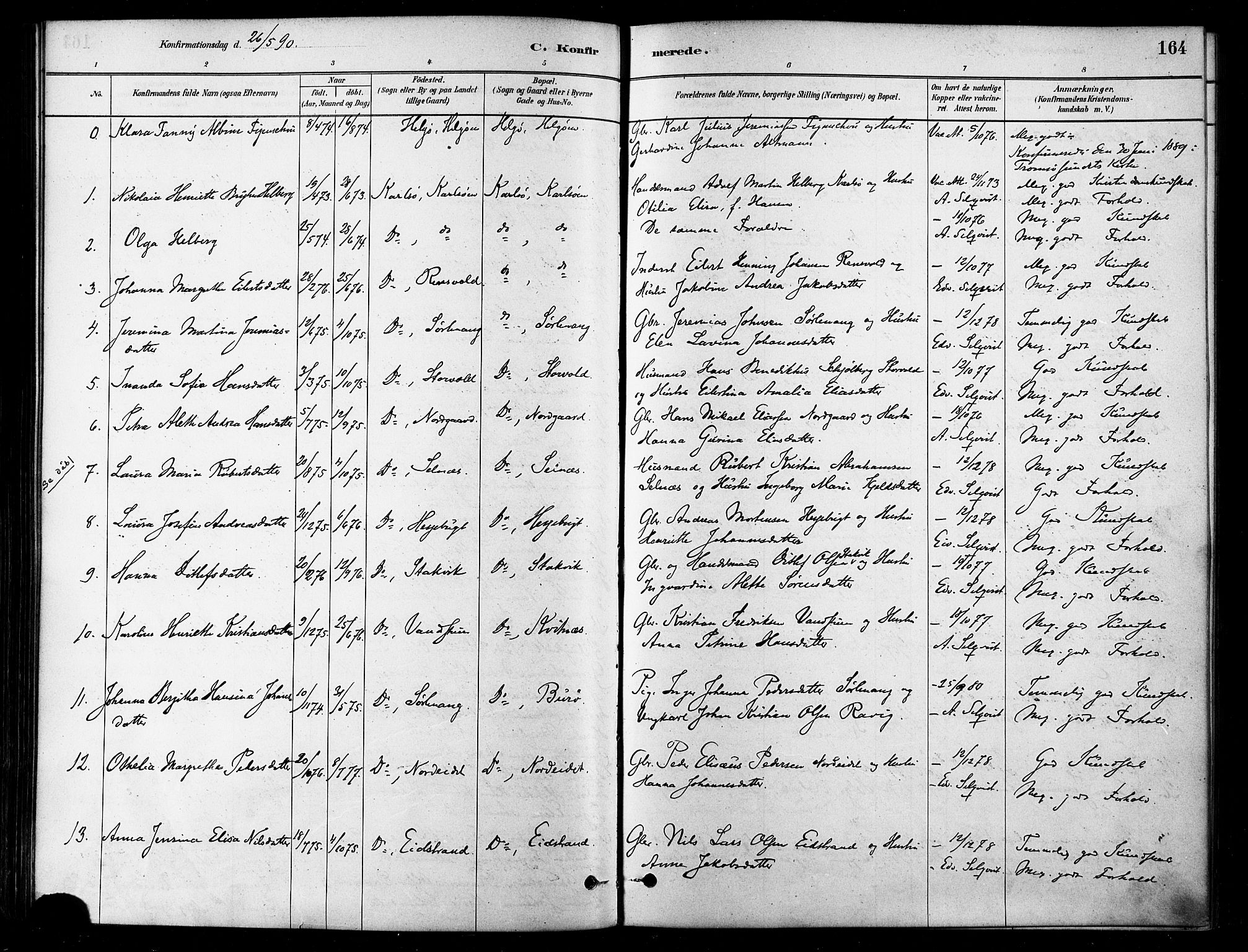 Karlsøy sokneprestembete, AV/SATØ-S-1299/H/Ha/Haa/L0006kirke: Ministerialbok nr. 6, 1879-1890, s. 164