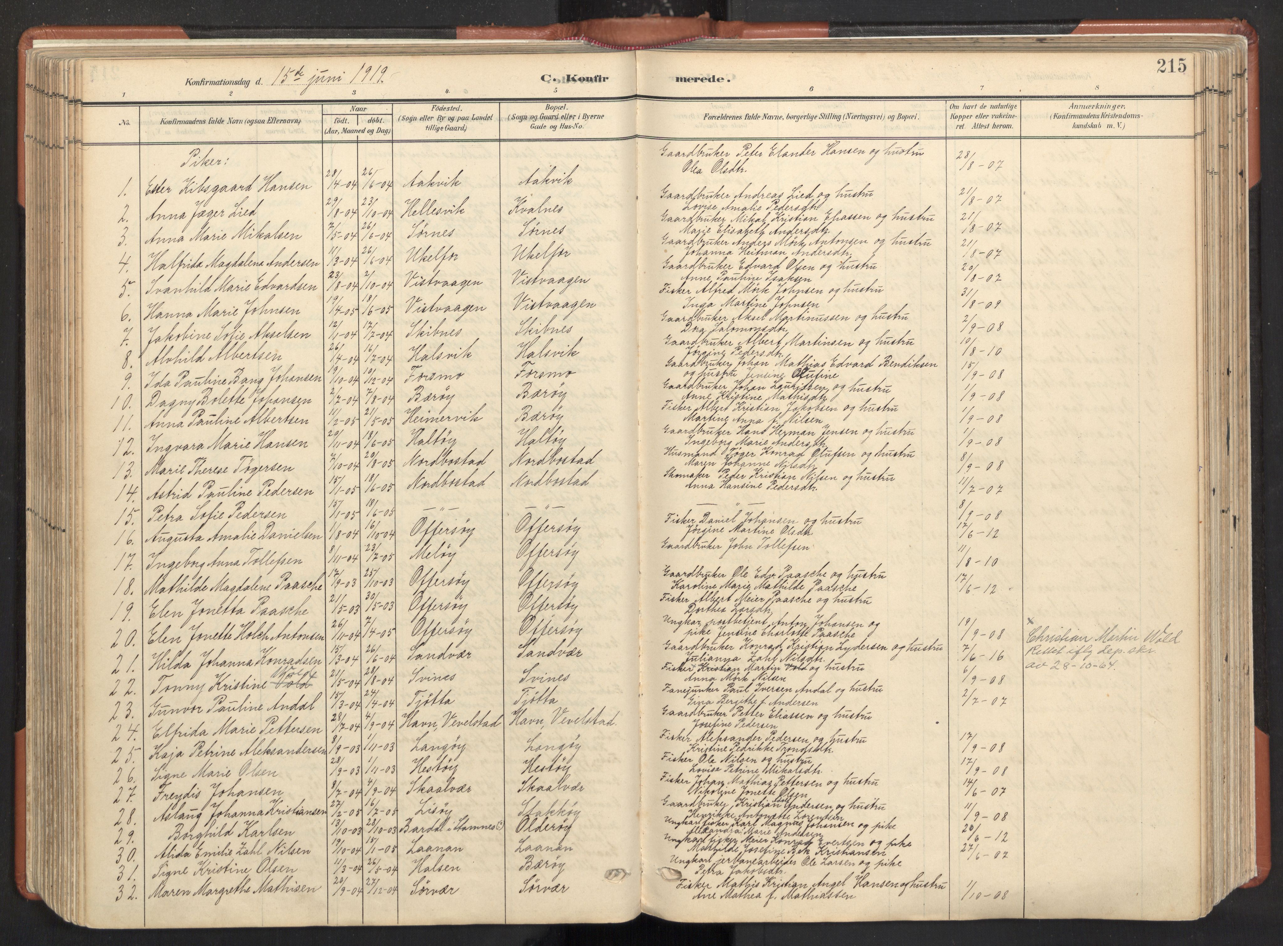 Ministerialprotokoller, klokkerbøker og fødselsregistre - Nordland, AV/SAT-A-1459/817/L0265: Ministerialbok nr. 817A05, 1908-1944, s. 215
