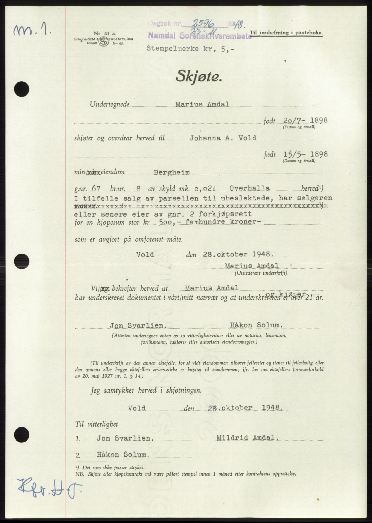 Namdal sorenskriveri, SAT/A-4133/1/2/2C: Pantebok nr. -, 1948-1948, Dagboknr: 2596/1948