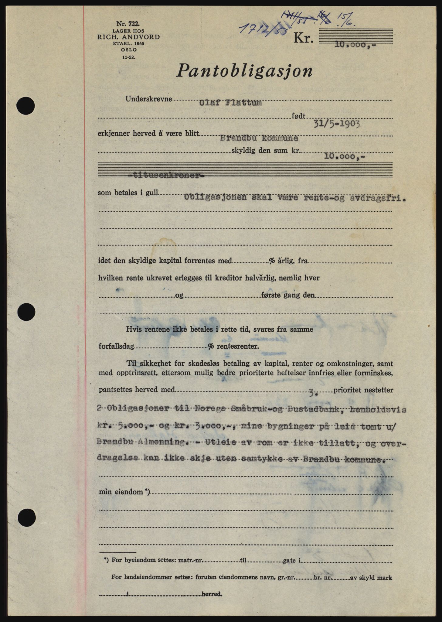 Hadeland og Land tingrett, SAH/TING-010/H/Hb/Hbc/L0032: Pantebok nr. B32, 1955-1955, Dagboknr: 1712/1955