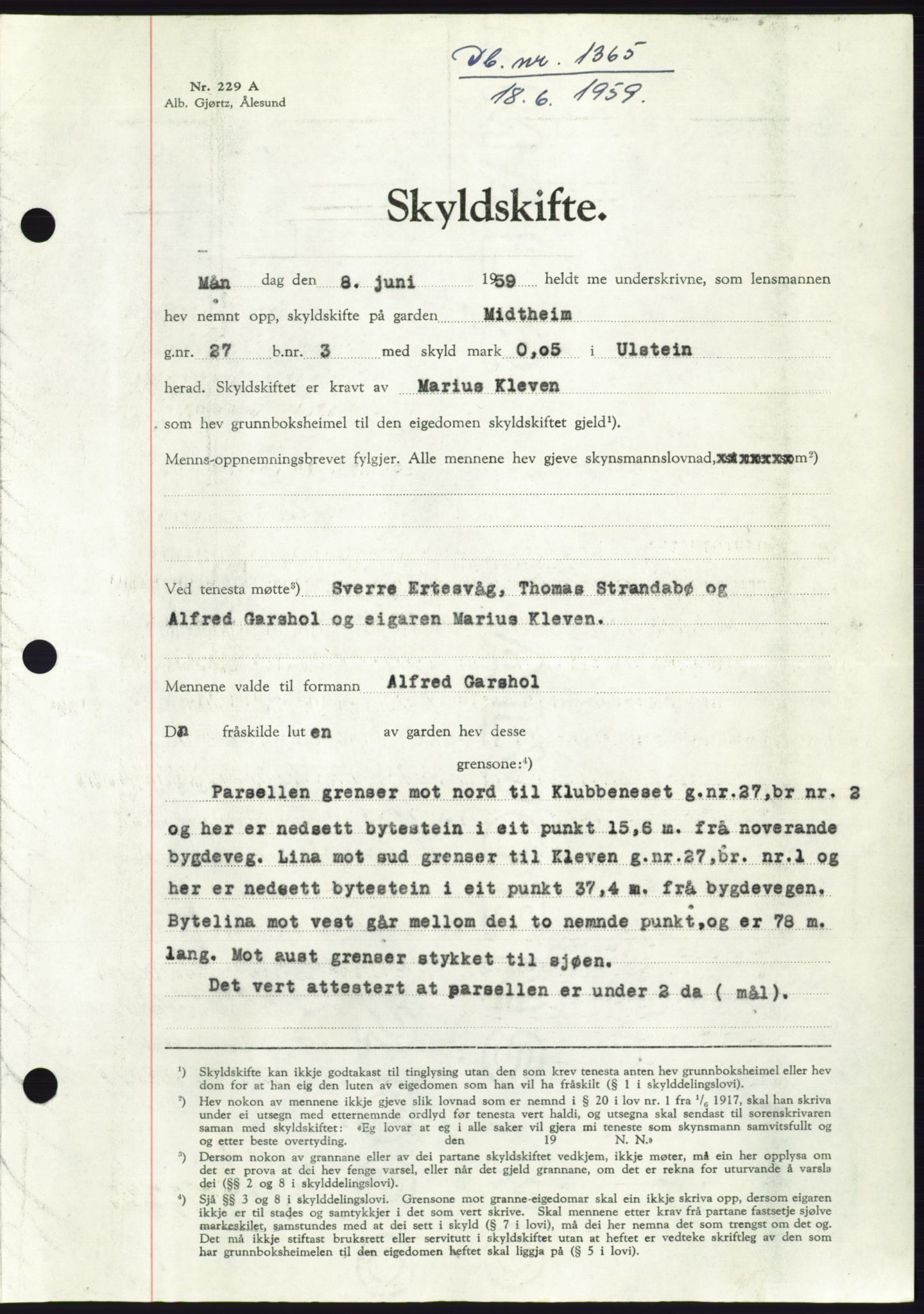 Søre Sunnmøre sorenskriveri, SAT/A-4122/1/2/2C/L0112: Pantebok nr. 38A, 1959-1959, Dagboknr: 1365/1959