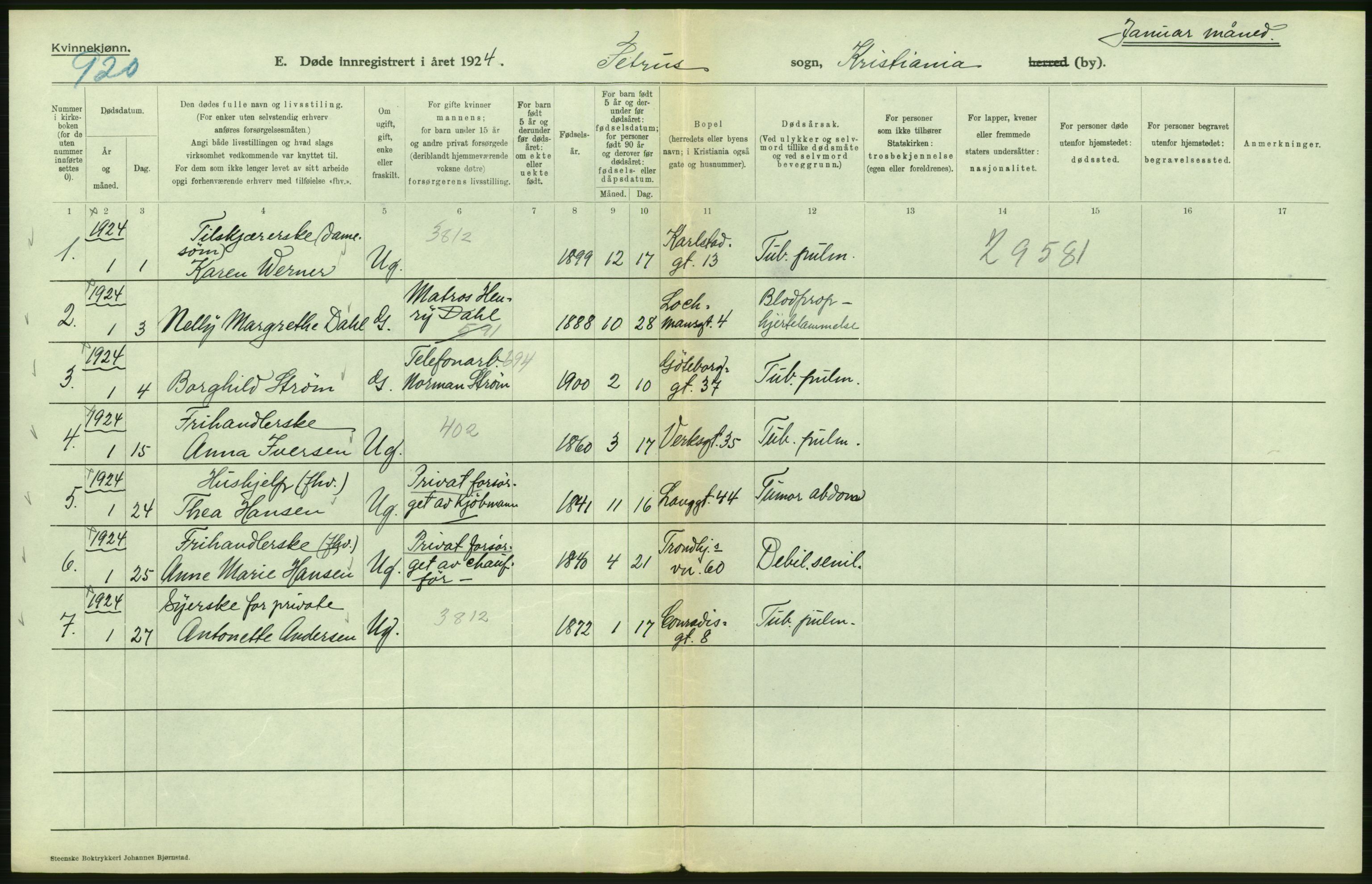 Statistisk sentralbyrå, Sosiodemografiske emner, Befolkning, AV/RA-S-2228/D/Df/Dfc/Dfcd/L0009: Kristiania: Døde kvinner, dødfødte, 1924, s. 264