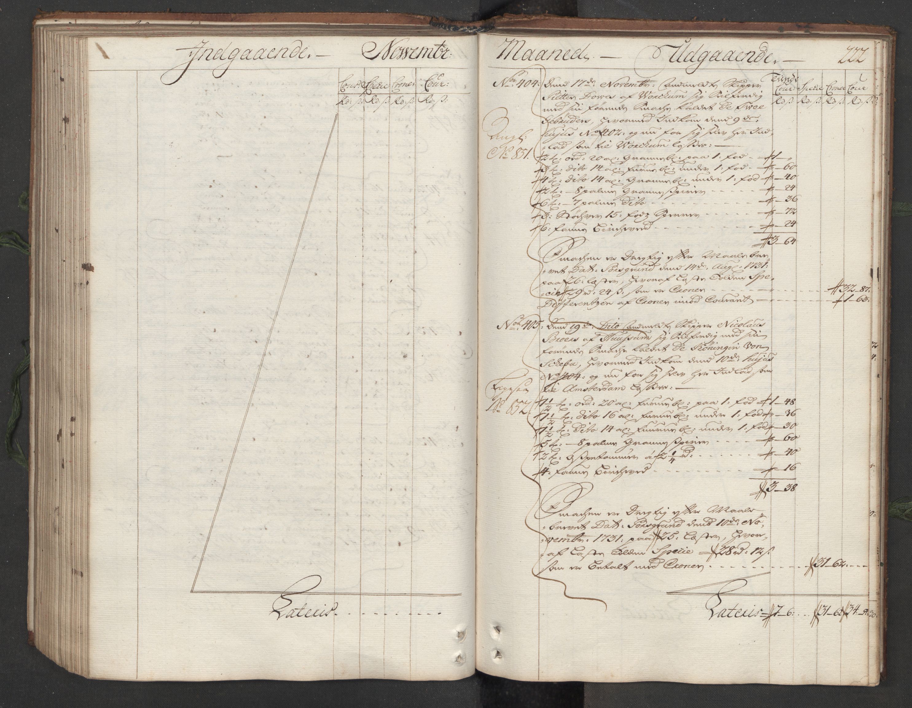 Generaltollkammeret, tollregnskaper, AV/RA-EA-5490/R12/L0007/0001: Tollregnskaper Langesund / Hovedtollbok, 1731, s. 221b-222a