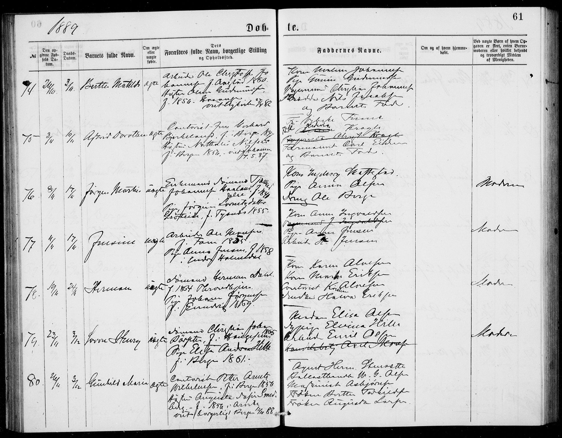 Fødselsstiftelsens sokneprestembete, ført av overlegen*, SAB/-: Ministerialbok nr. A 2, 1884-1900, s. 61