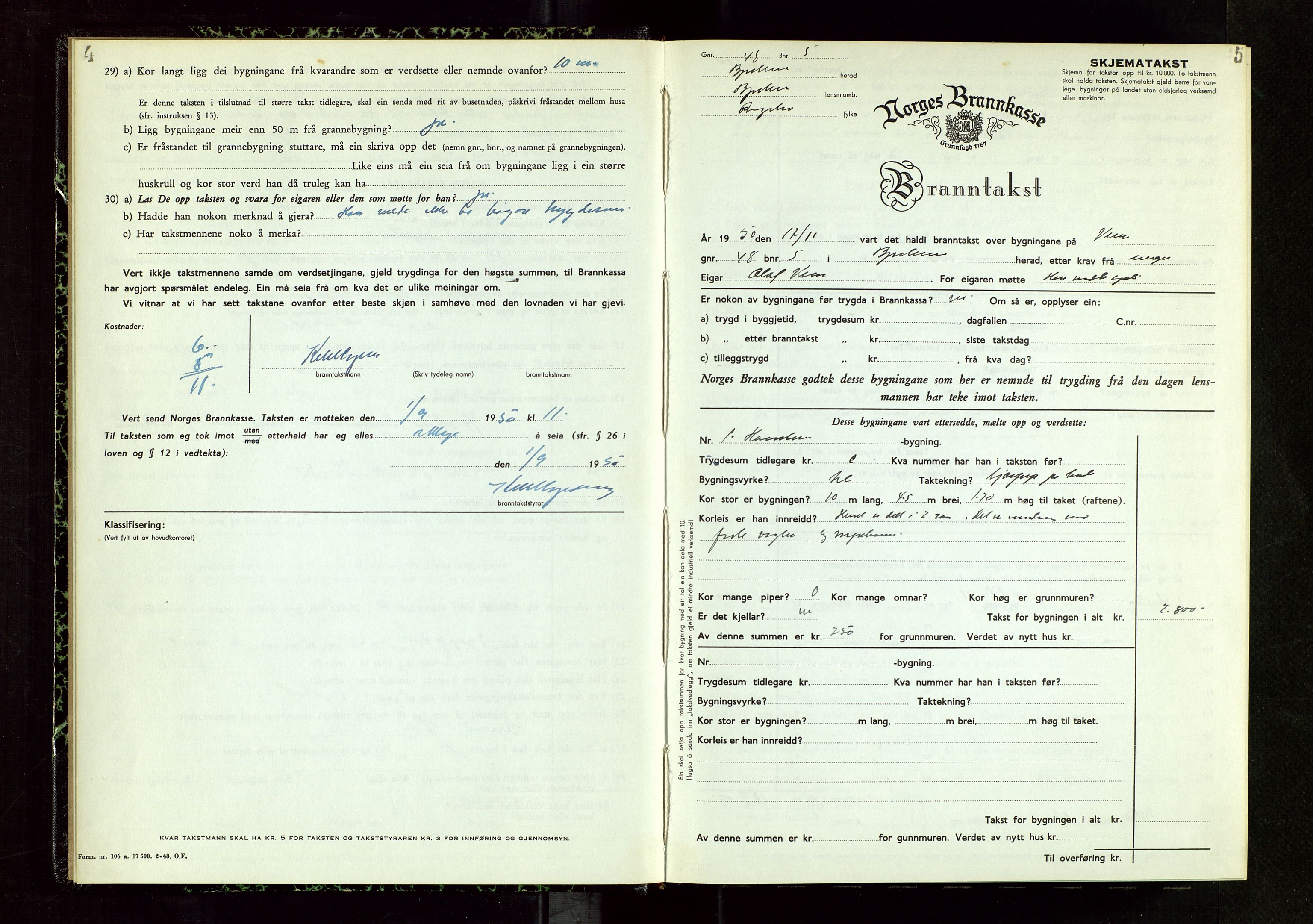 Bjerkreim lensmannskontor, AV/SAST-A-100090/Gob/L0002: "Branntakstprotokoll", 1950-1955, s. 4-5