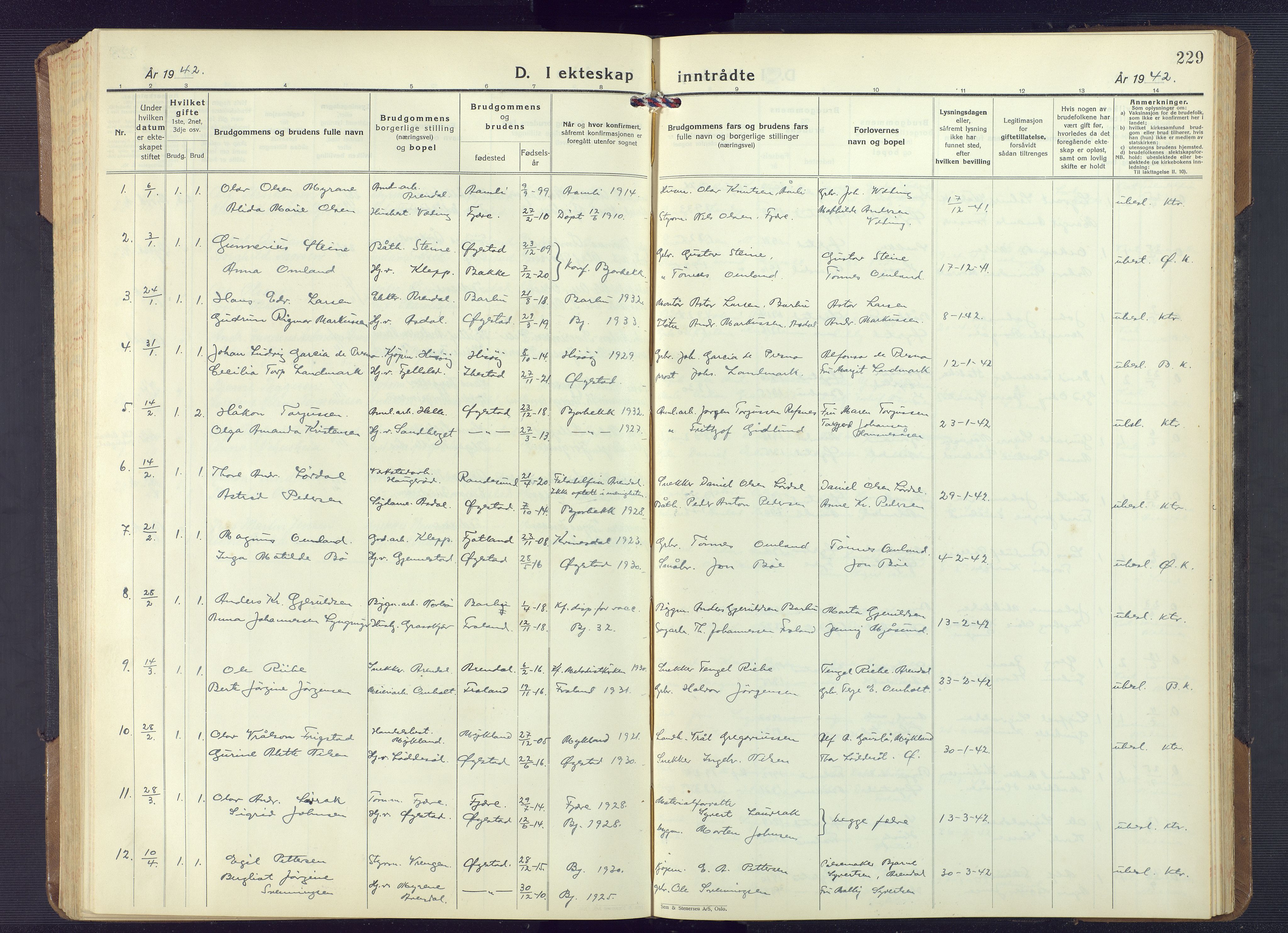 Øyestad sokneprestkontor, AV/SAK-1111-0049/F/Fb/L0013: Klokkerbok nr. B 13, 1933-1945, s. 229