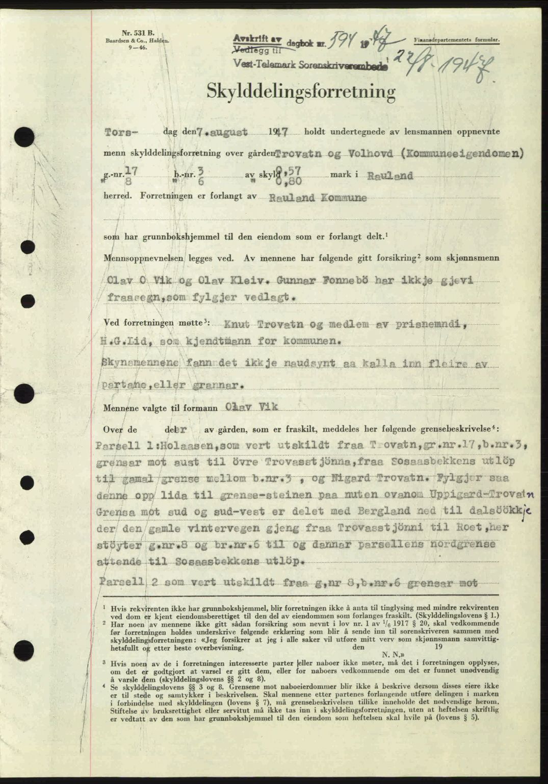 Vest-Telemark sorenskriveri, SAKO/A-134/G/Ga/Gac/L0008: Pantebok nr. A-8, 1947-1948, Dagboknr: 594/1947