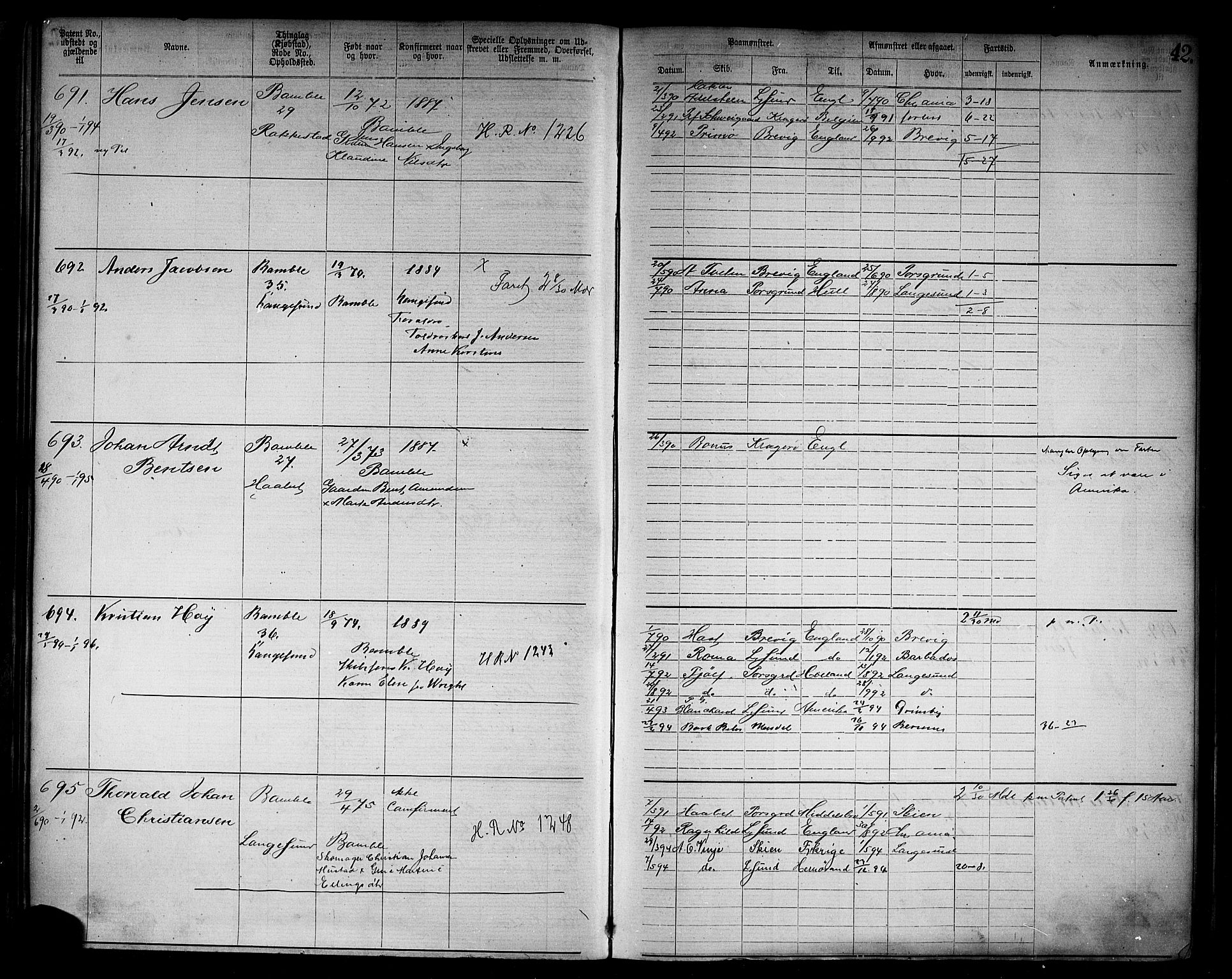 Langesund innrulleringskontor, AV/SAKO-A-831/F/Fb/L0004: Annotasjonsrulle, 1880-1911, s. 44