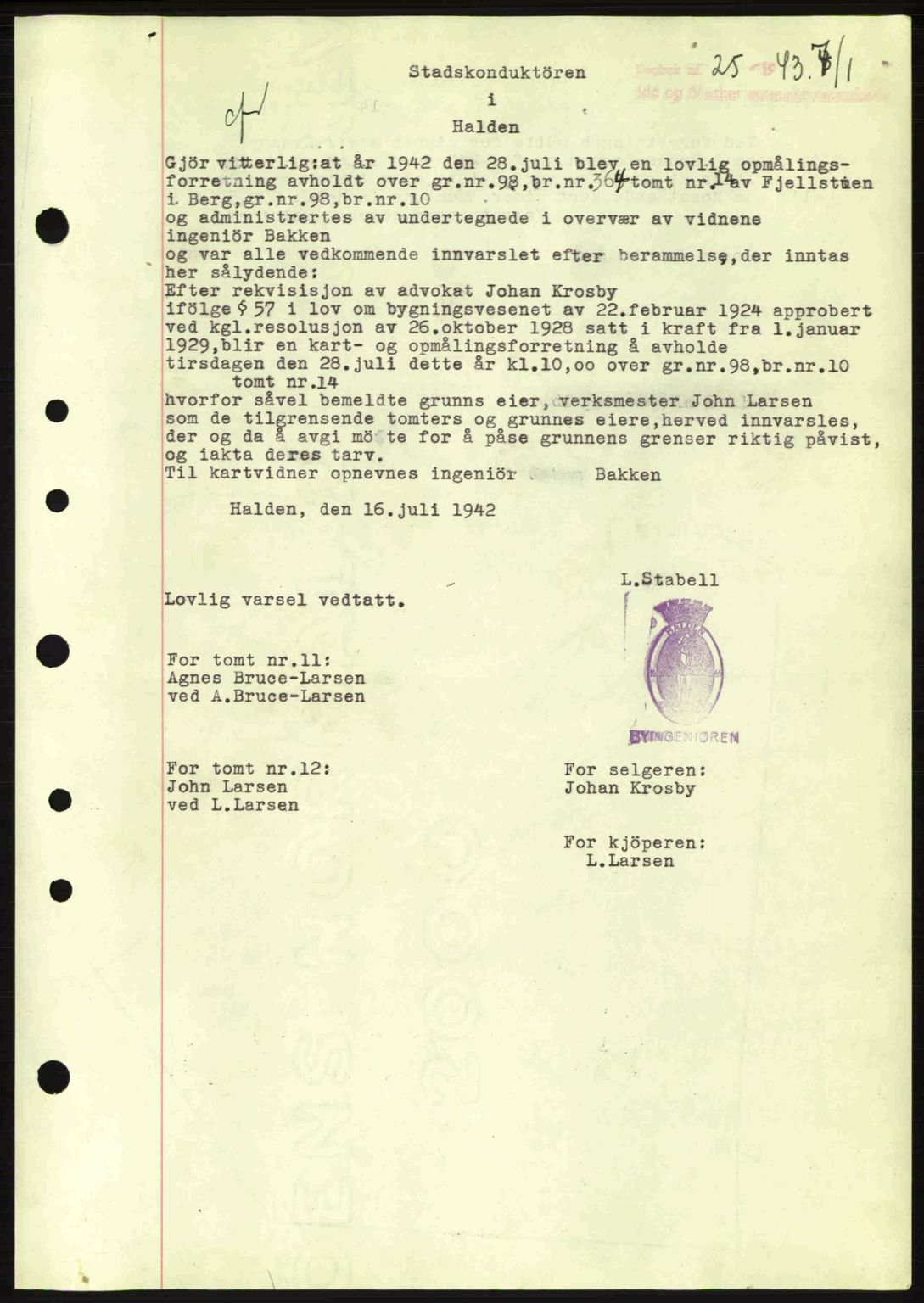 Idd og Marker sorenskriveri, AV/SAO-A-10283/G/Gb/Gbb/L0005: Pantebok nr. A5, 1941-1943, Dagboknr: 25/1943