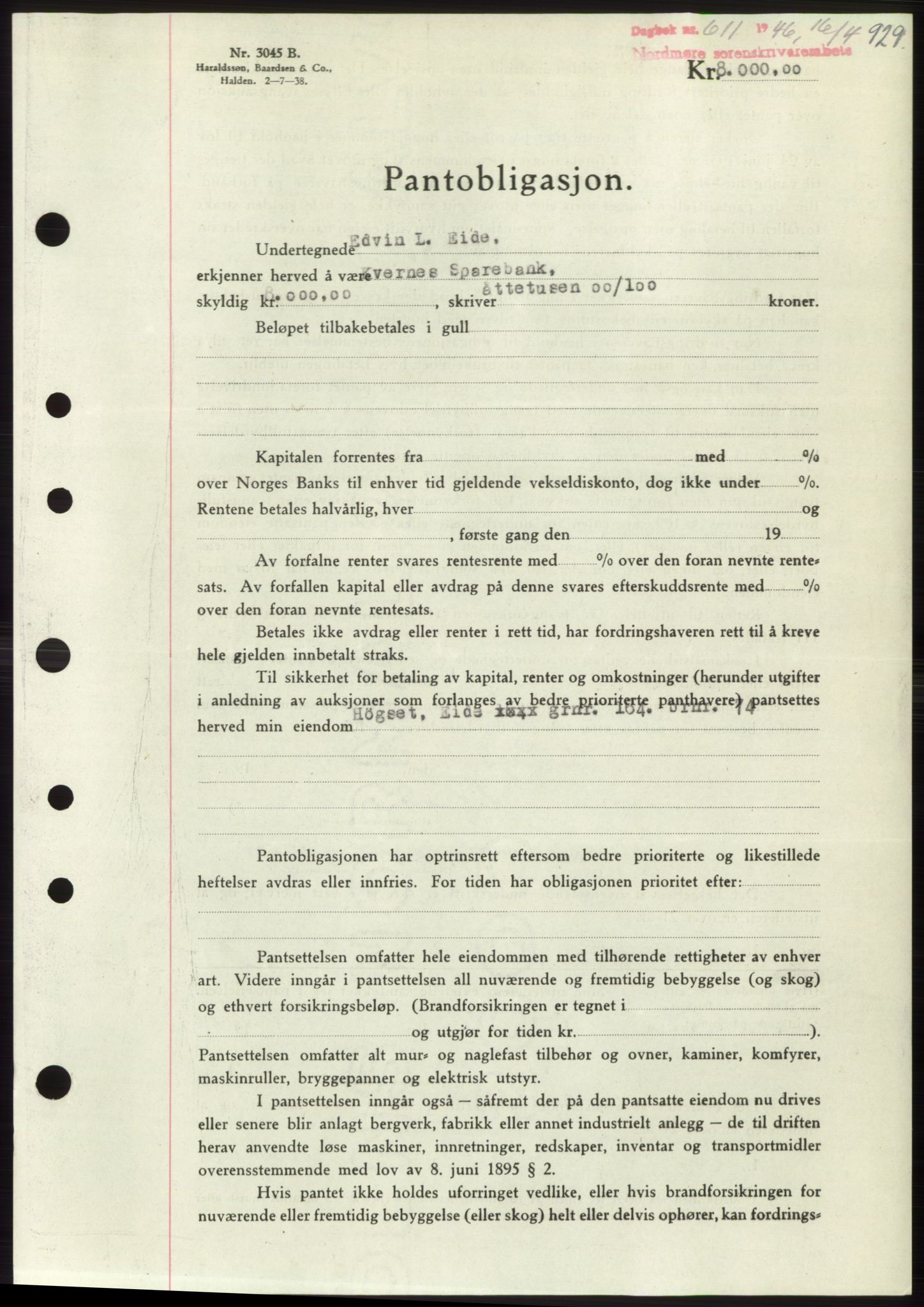 Nordmøre sorenskriveri, SAT/A-4132/1/2/2Ca: Pantebok nr. B93b, 1946-1946, Dagboknr: 611/1946
