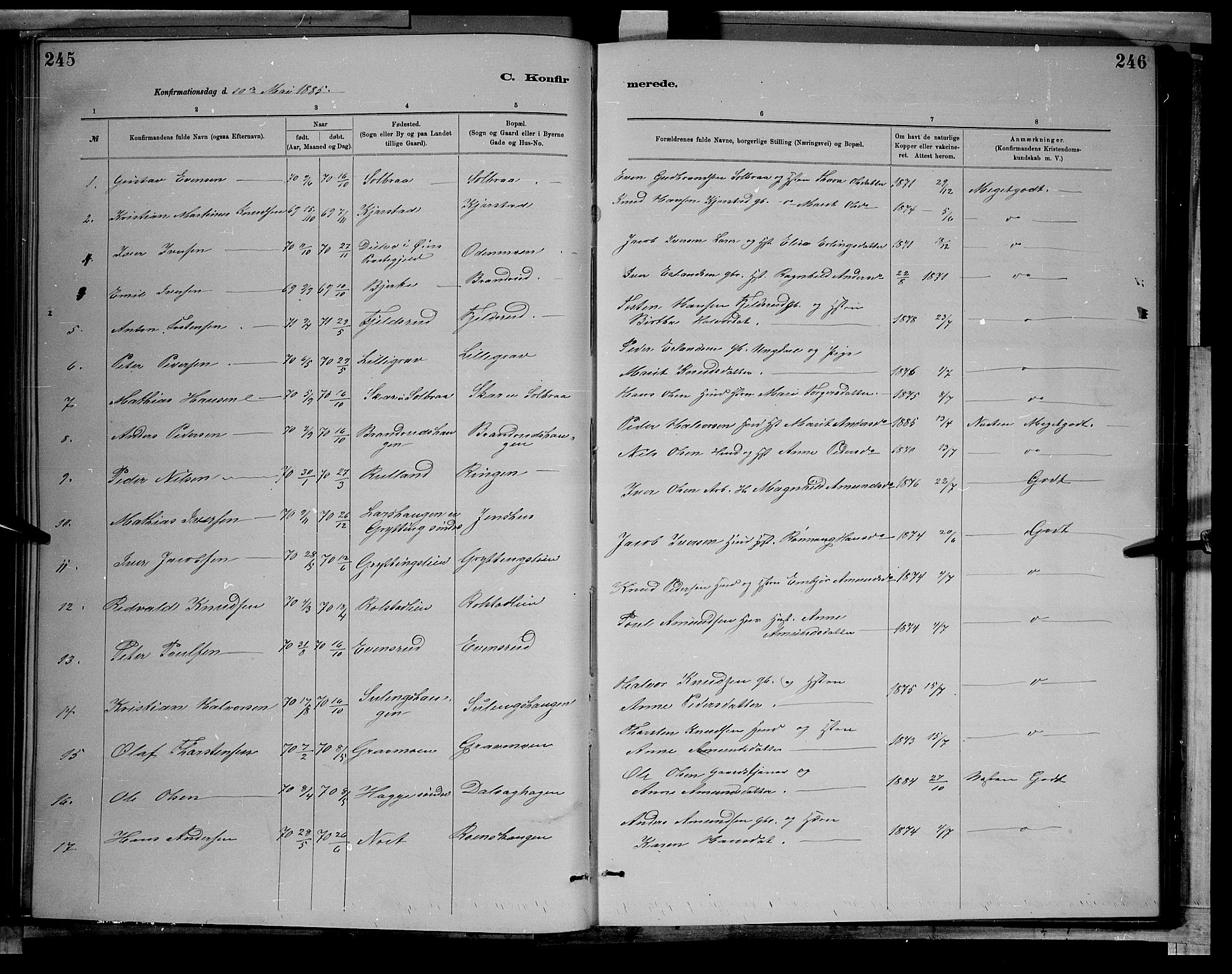 Sør-Fron prestekontor, AV/SAH-PREST-010/H/Ha/Hab/L0003: Klokkerbok nr. 3, 1884-1896, s. 245-246