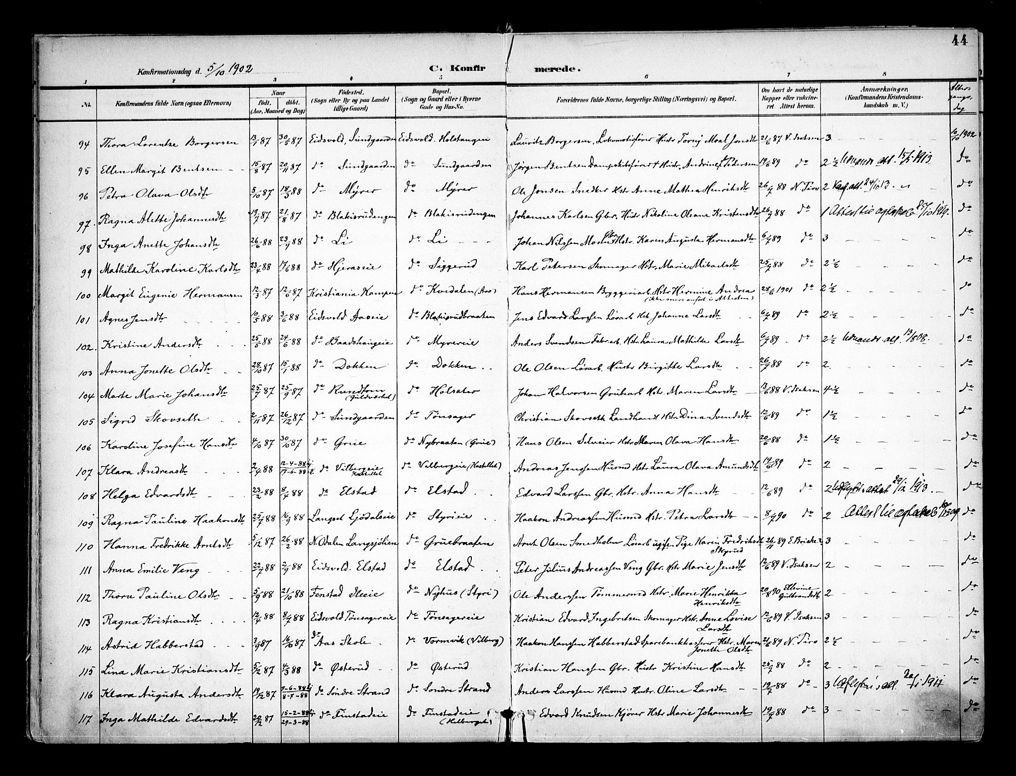 Eidsvoll prestekontor Kirkebøker, AV/SAO-A-10888/F/Fa/L0005: Ministerialbok nr. I 5, 1896-1906, s. 44