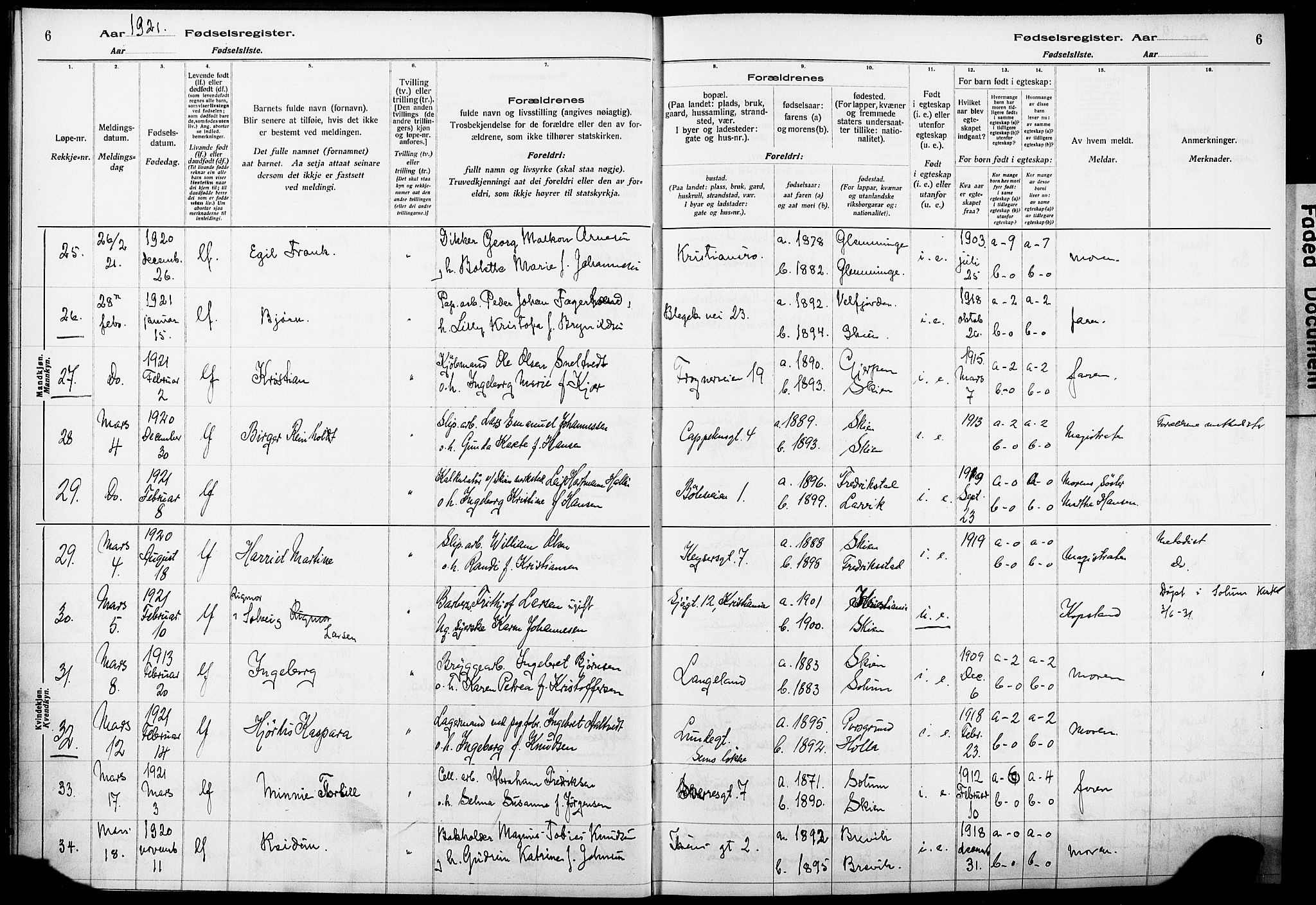 Skien kirkebøker, AV/SAKO-A-302/J/Ja/L0002: Fødselsregister nr. 2, 1921-1927, s. 6