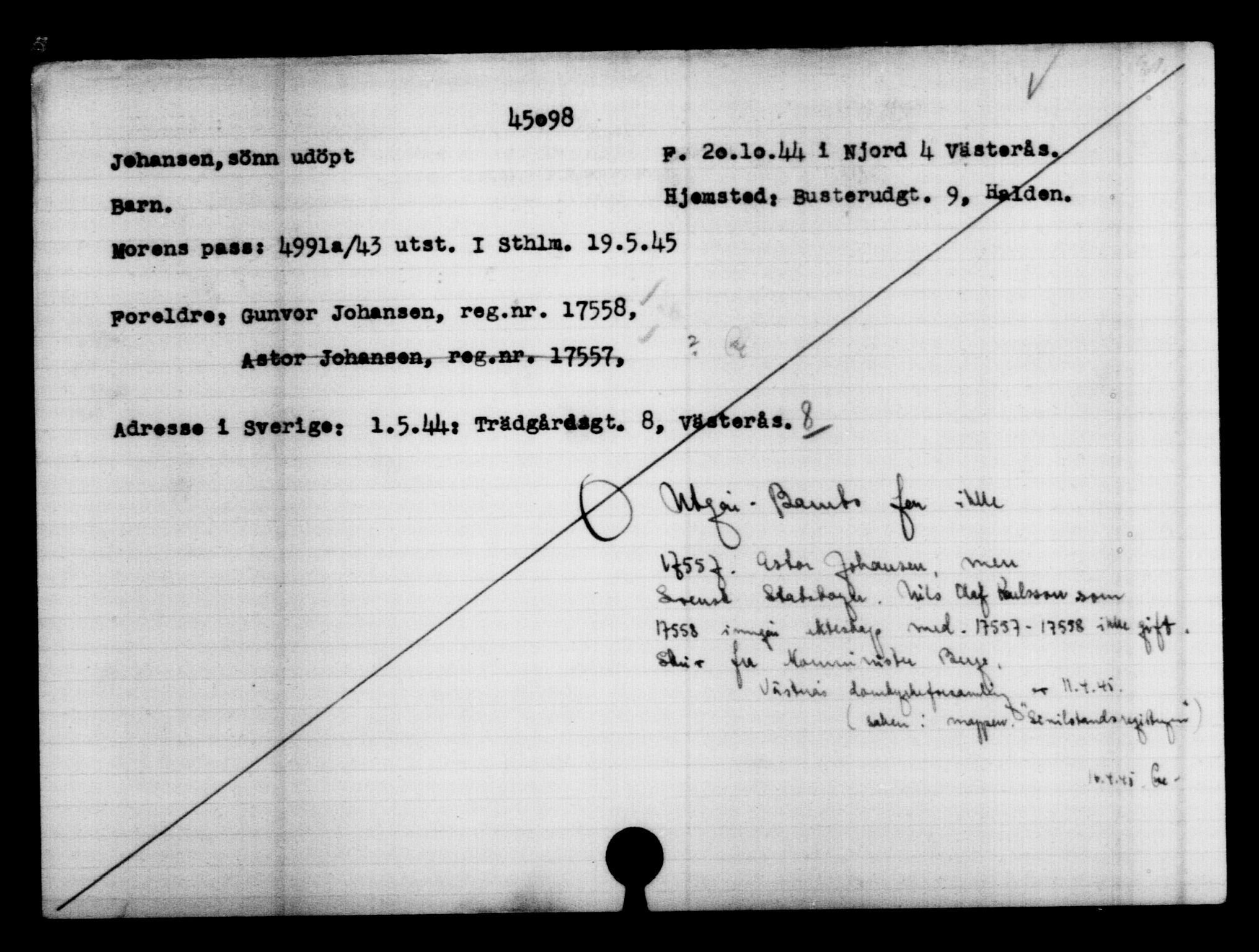 Utenriksstasjonene, Legasjonen i Stockholm, Flyktningkontoret, AV/RA-S-6753/V/Va/L0017: Kjesäterkartoteket, flyktninger med registreringsnr. 43400-46318, 1940-1945, s. 1775