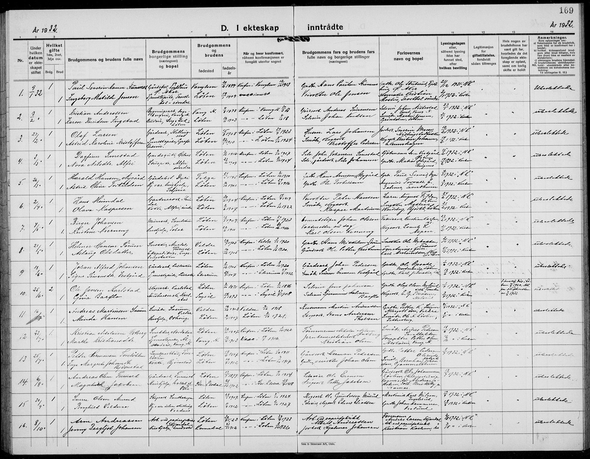 Løten prestekontor, AV/SAH-PREST-022/L/La/L0009: Klokkerbok nr. 9, 1930-1939, s. 169