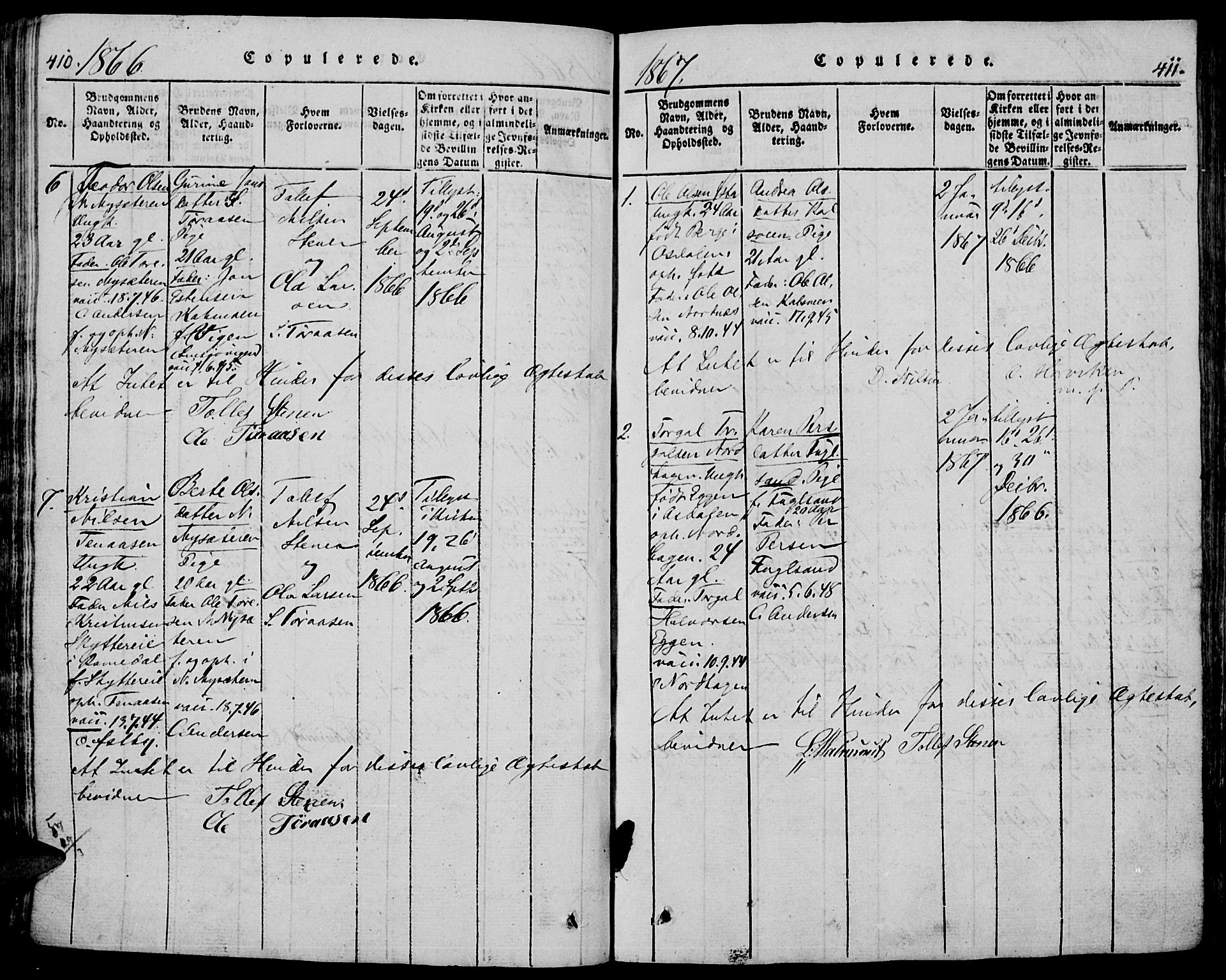 Trysil prestekontor, AV/SAH-PREST-046/H/Ha/Hab/L0005: Klokkerbok nr. 5, 1814-1877, s. 410-411