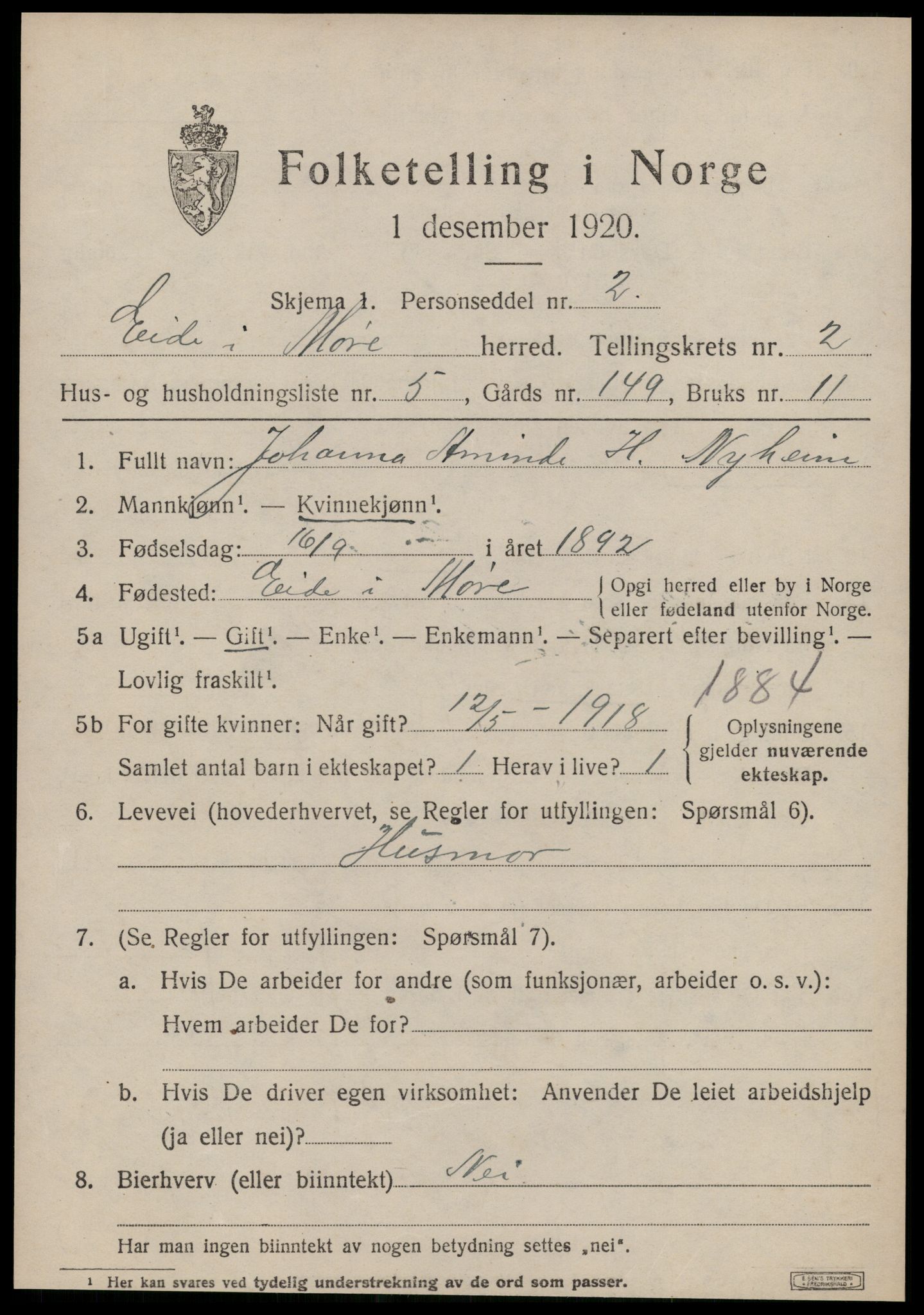 SAT, Folketelling 1920 for 1551 Eide herred, 1920, s. 1070