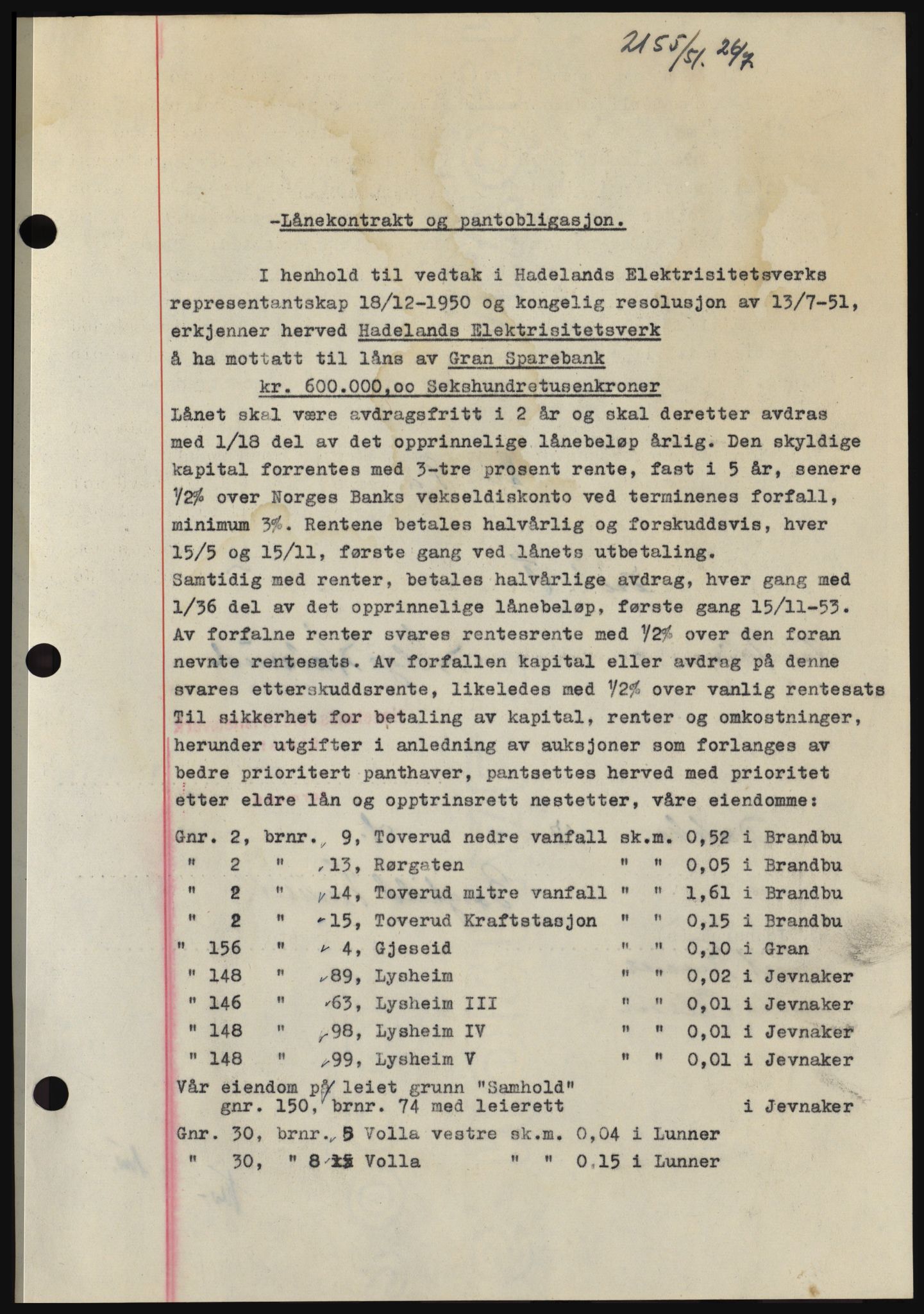 Hadeland og Land tingrett, SAH/TING-010/H/Hb/Hbc/L0022: Pantebok nr. B22, 1951-1951, Dagboknr: 2155/1951