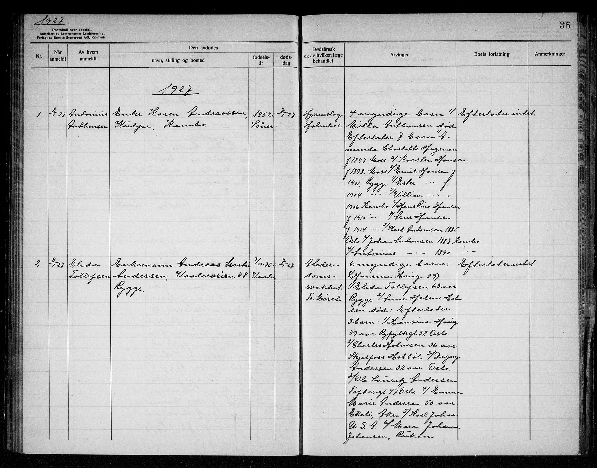 Rygge lensmannskontor, SAO/A-10005/H/Ha/Haa/L0008: Dødsfallsprotokoll, 1925-1929, s. 35