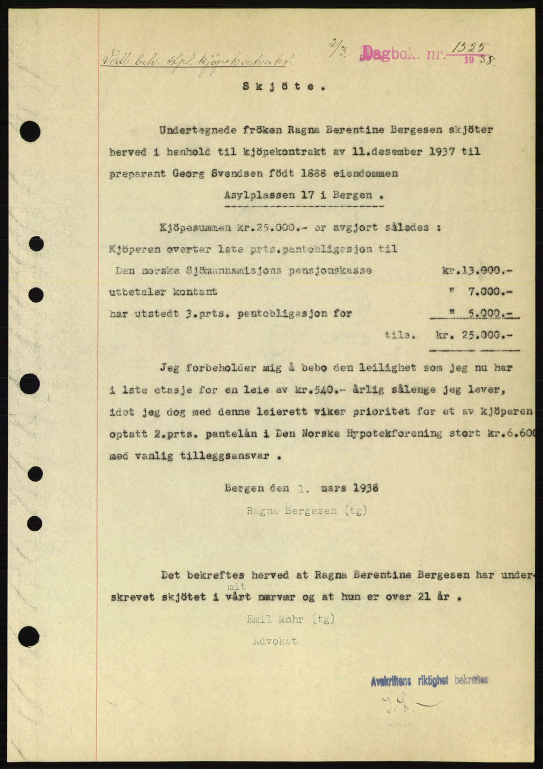 Byfogd og Byskriver i Bergen, SAB/A-3401/03/03Bc/L0006: Pantebok nr. A5, 1937-1938, Dagboknr: 1525/1938