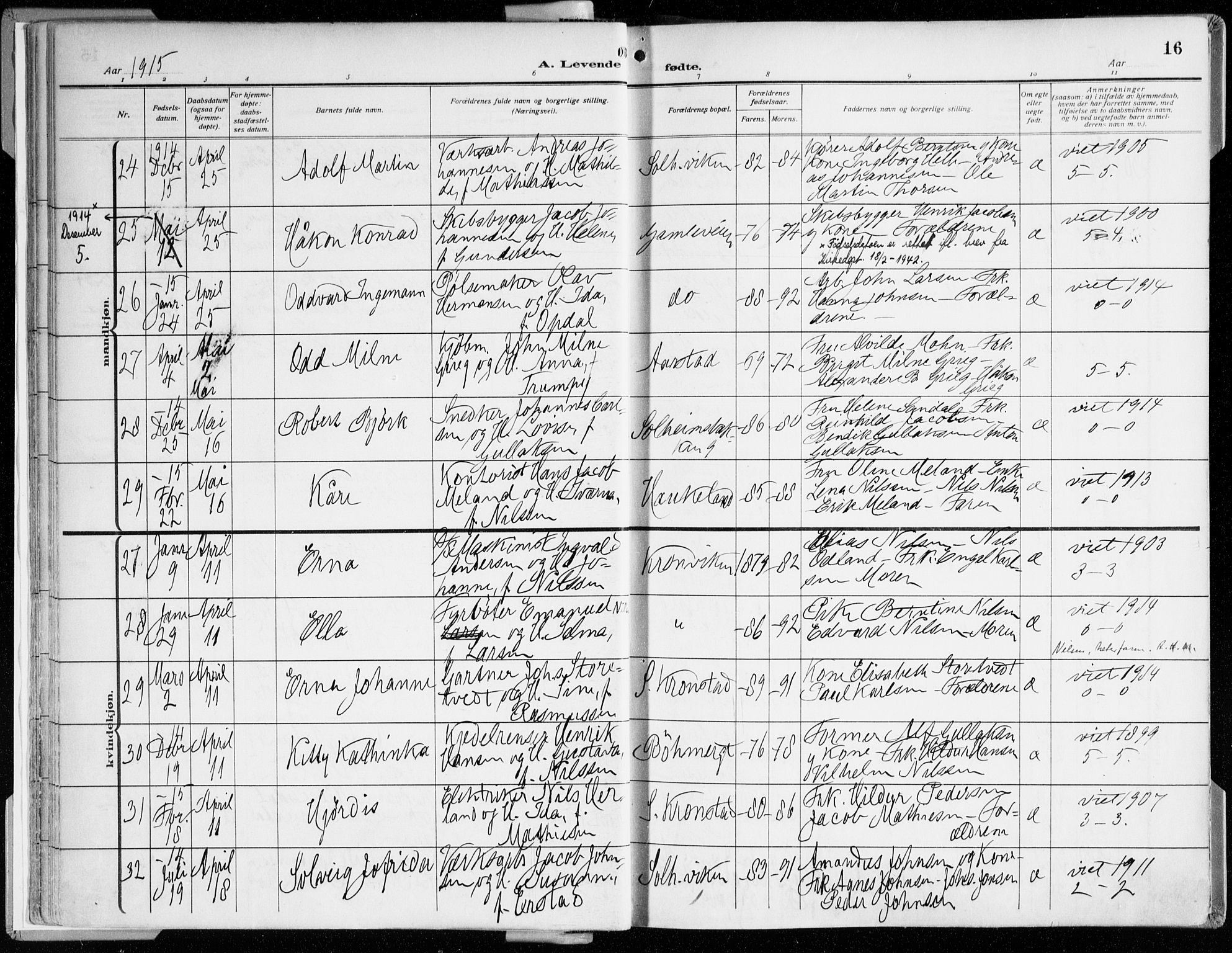 Årstad Sokneprestembete, AV/SAB-A-79301/H/Haa/L0003: Ministerialbok nr. A 3, 1914-1919, s. 16