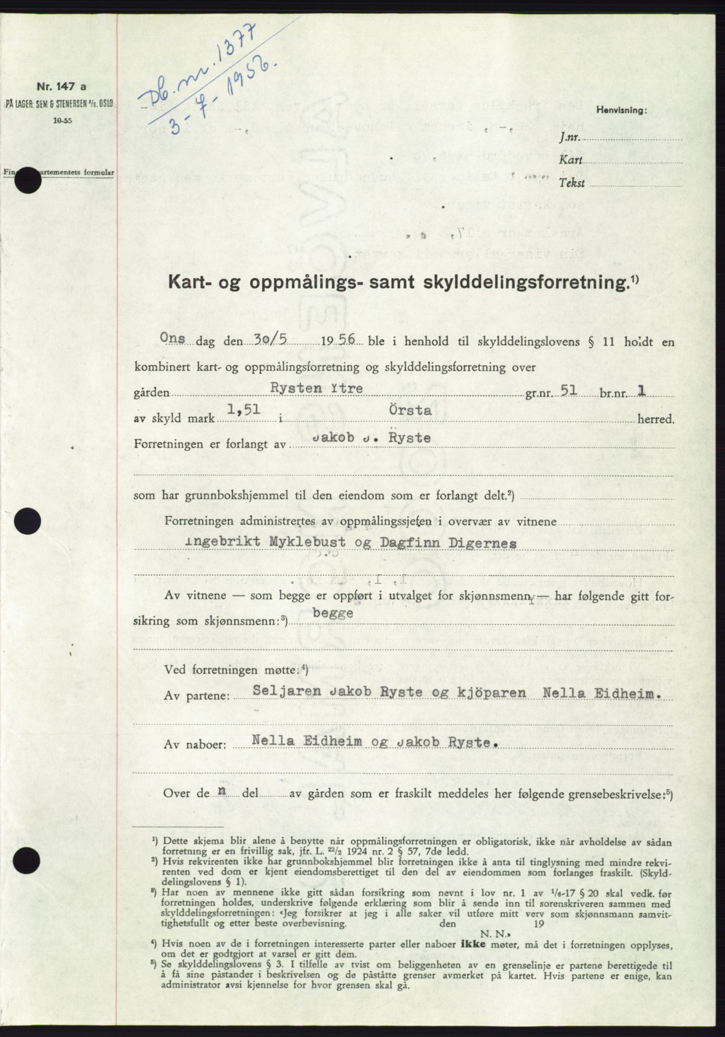 Søre Sunnmøre sorenskriveri, AV/SAT-A-4122/1/2/2C/L0104: Pantebok nr. 30A, 1956-1956, Dagboknr: 1377/1956