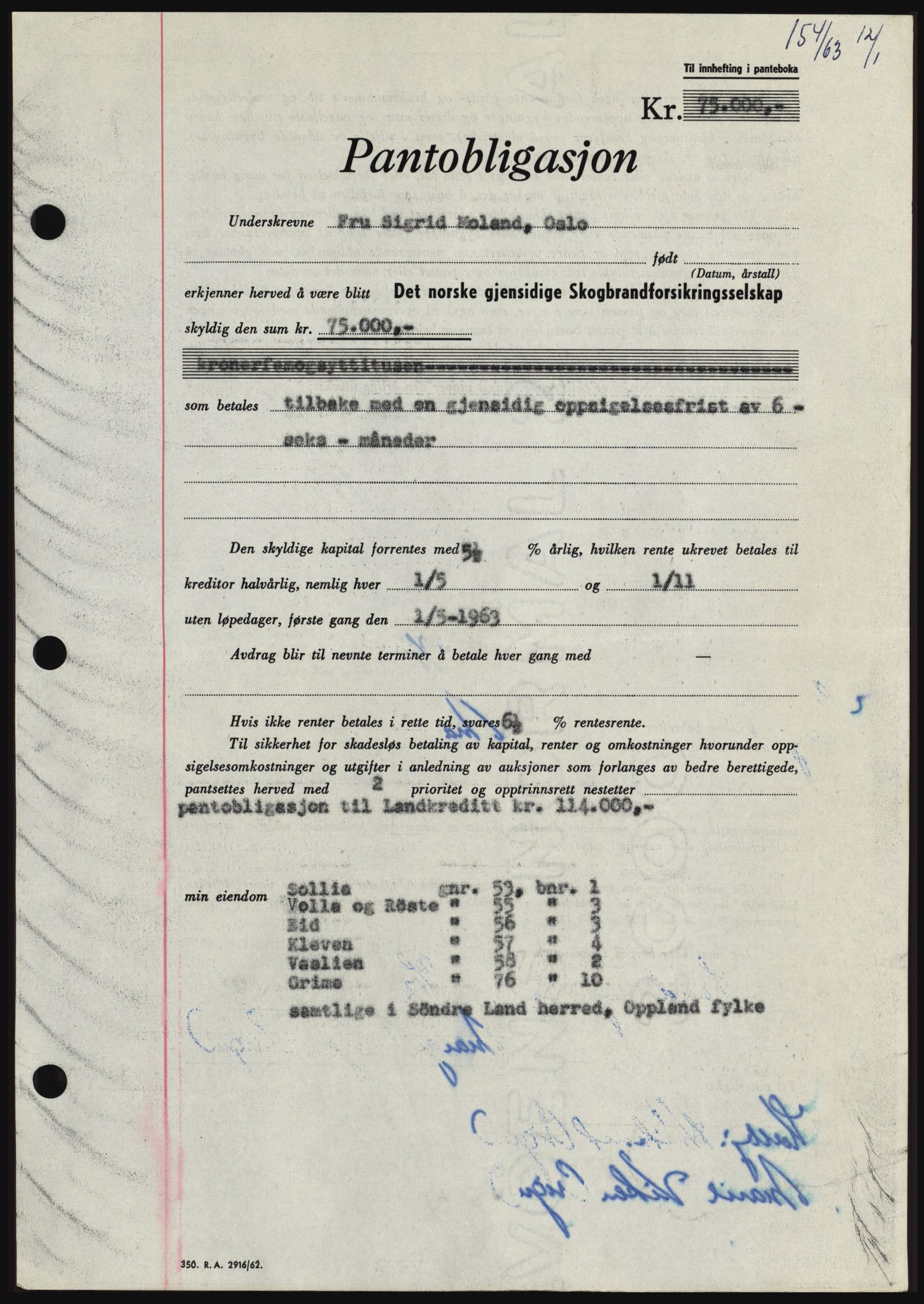 Hadeland og Land tingrett, SAH/TING-010/H/Hb/Hbc/L0050: Pantebok nr. B50, 1962-1963, Dagboknr: 154/1963