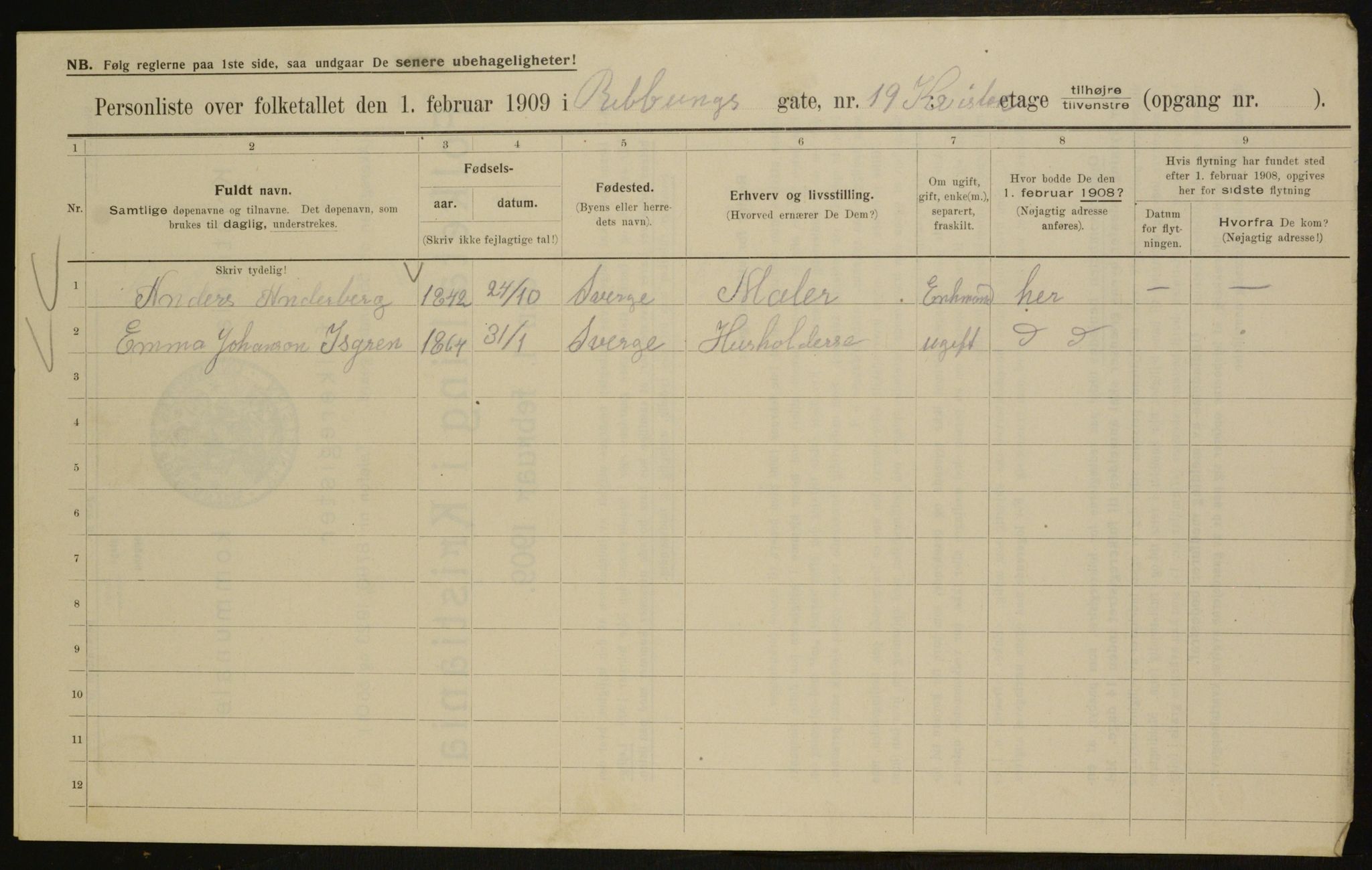 OBA, Kommunal folketelling 1.2.1909 for Kristiania kjøpstad, 1909, s. 75276