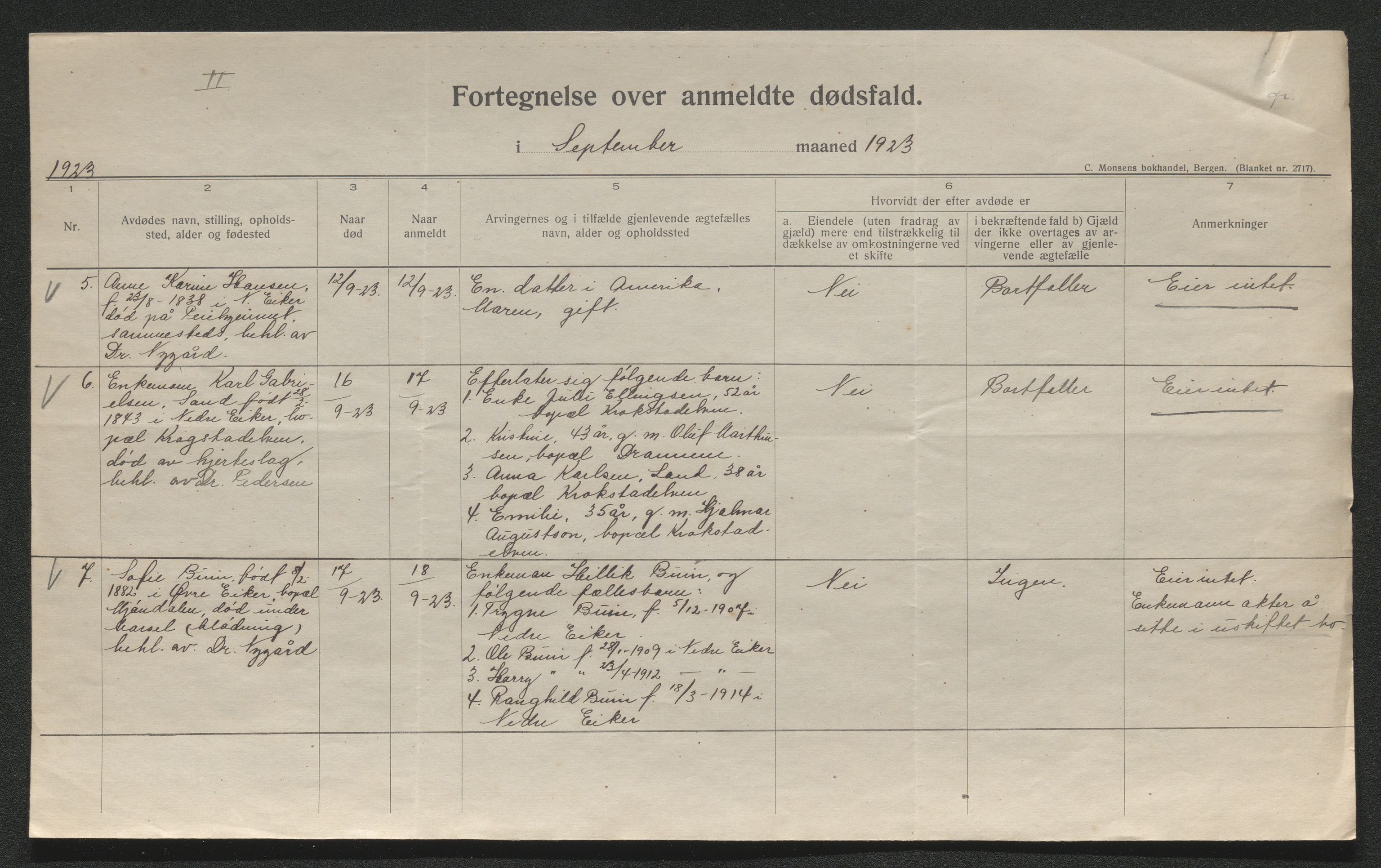 Eiker, Modum og Sigdal sorenskriveri, AV/SAKO-A-123/H/Ha/Hab/L0041: Dødsfallsmeldinger, 1922-1923, s. 864