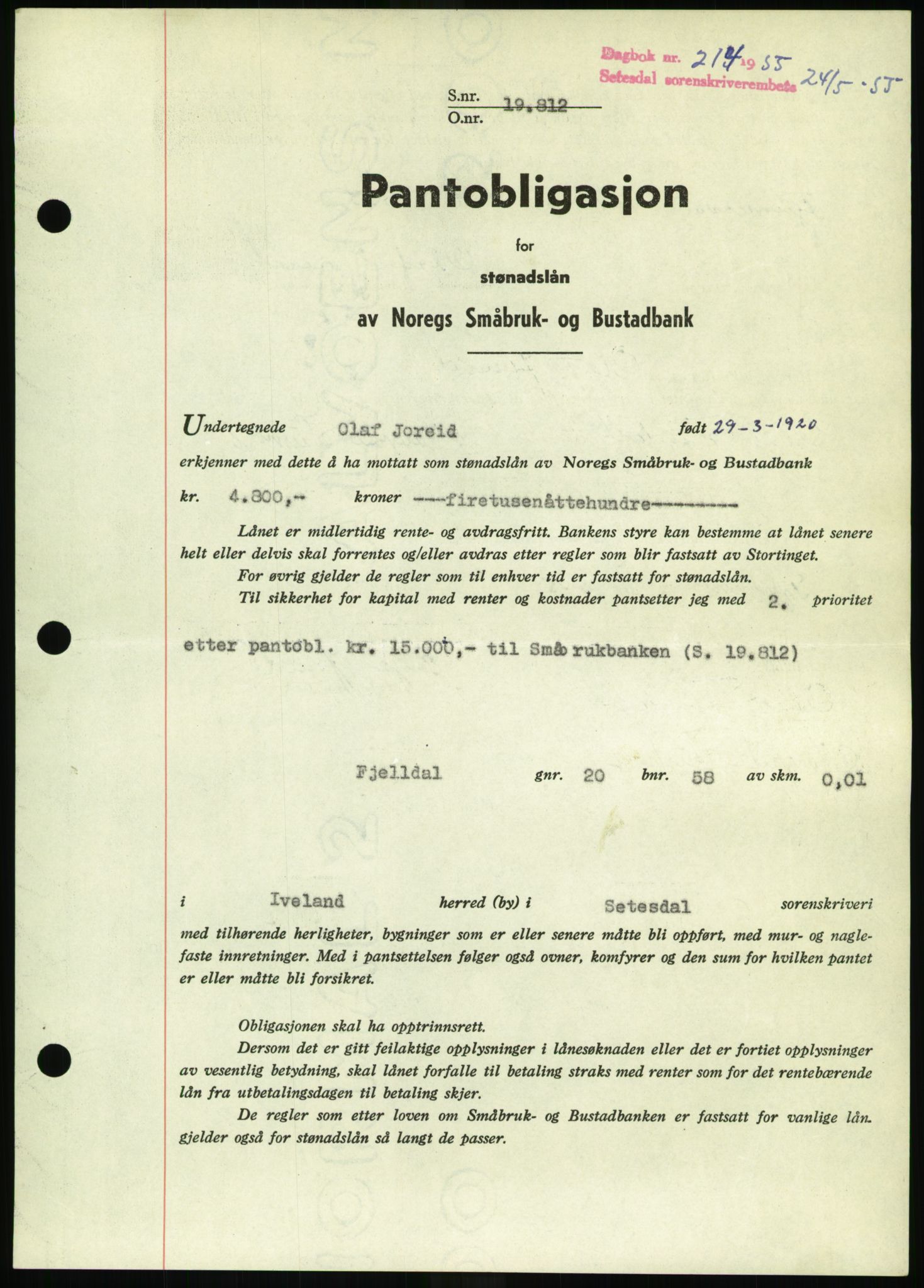 Setesdal sorenskriveri, SAK/1221-0011/G/Gb/L0052: Pantebok nr. B 40, 1954-1955, Dagboknr: 214/1955