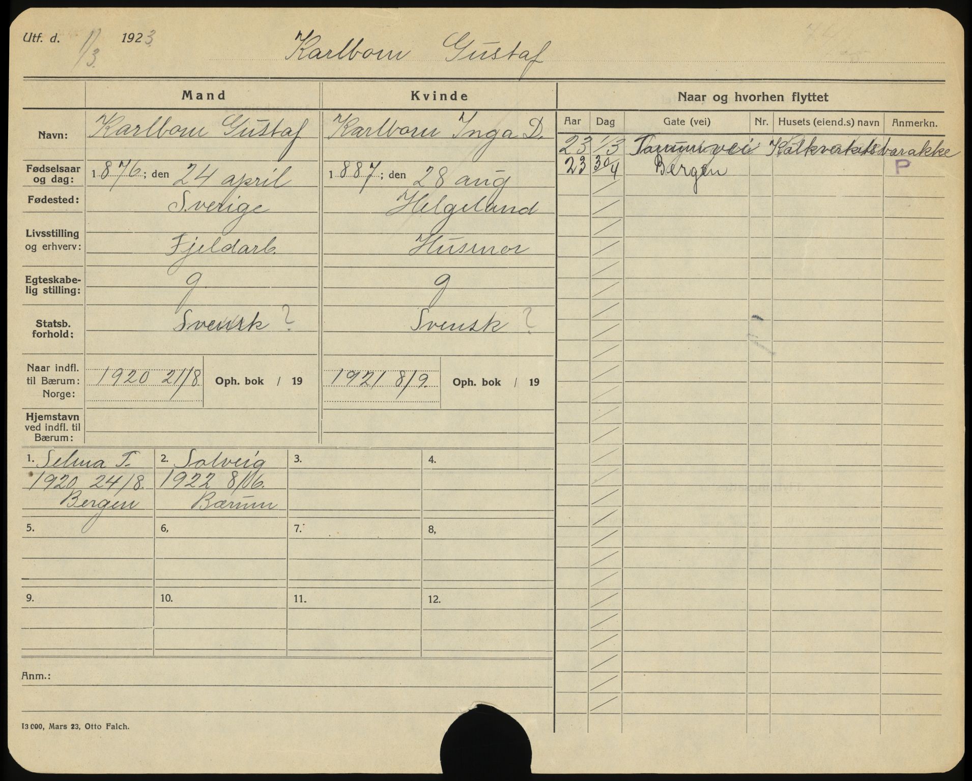 Bærum folkeregister, AV/SAO-A-10504/F/L0002: Utflyttede, 1923