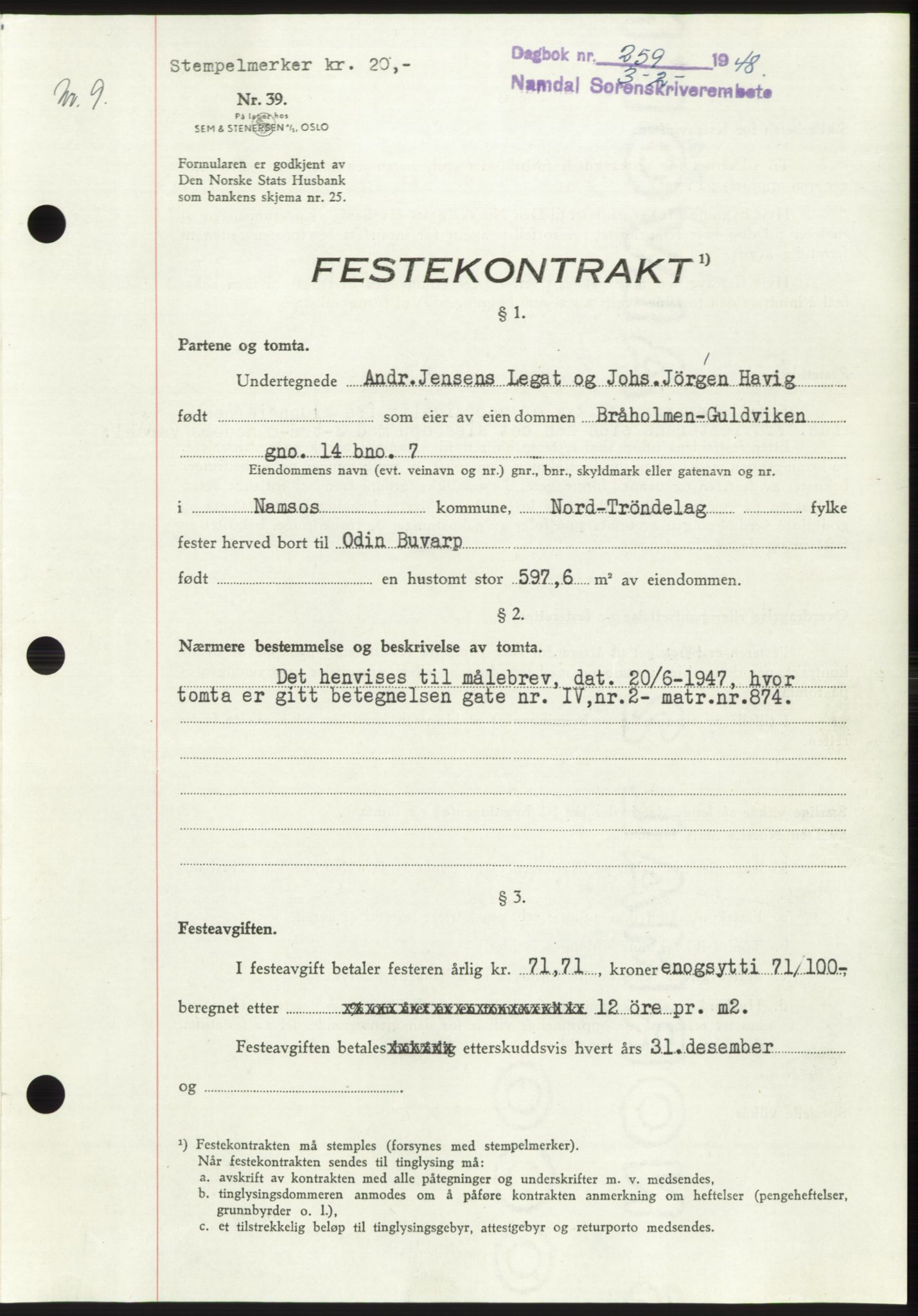 Namdal sorenskriveri, SAT/A-4133/1/2/2C: Pantebok nr. -, 1947-1948, Dagboknr: 259/1948