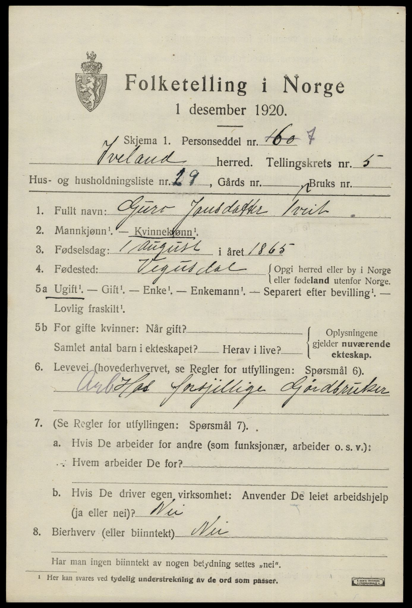 SAK, Folketelling 1920 for 0935 Iveland herred, 1920, s. 1913