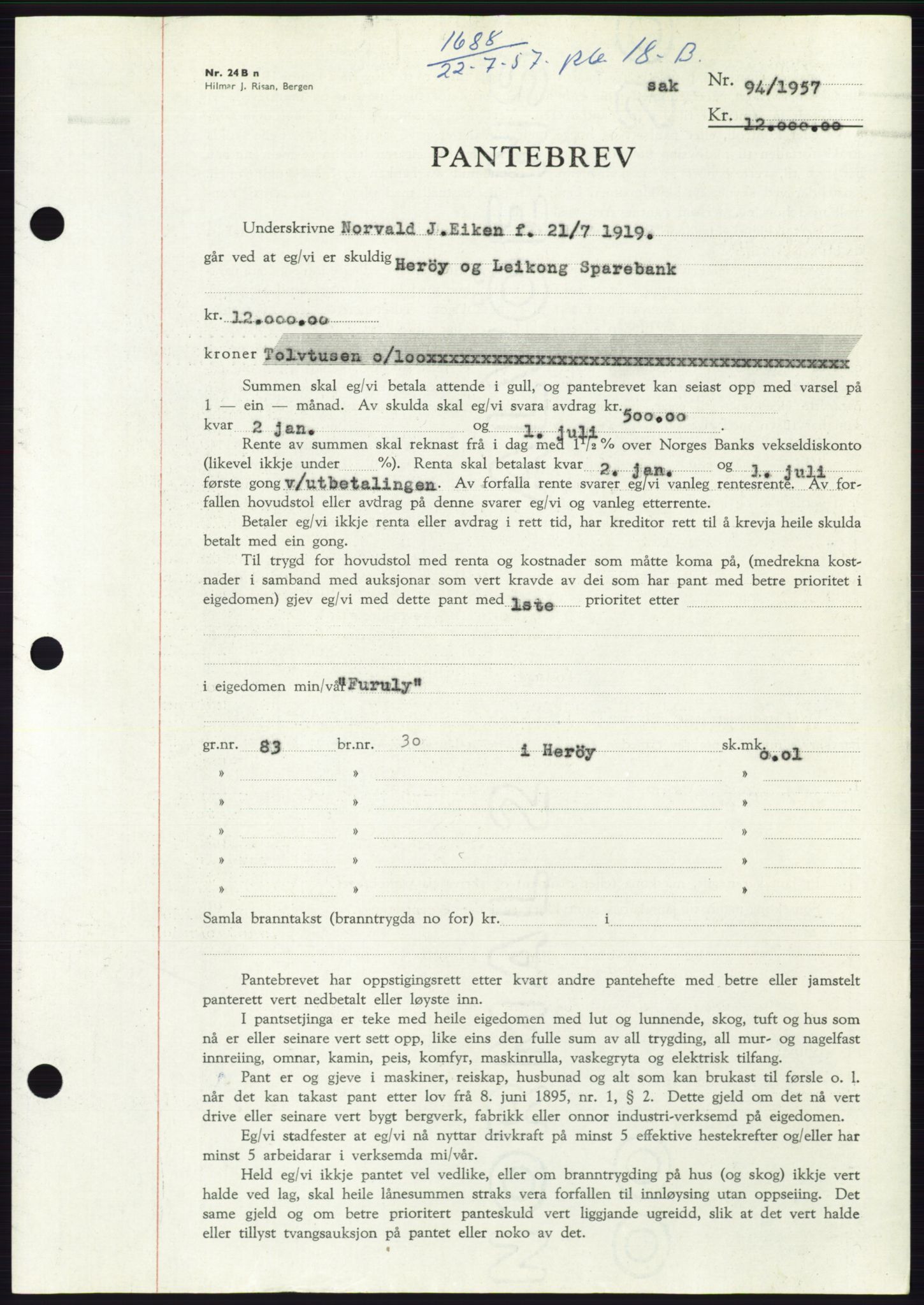 Søre Sunnmøre sorenskriveri, AV/SAT-A-4122/1/2/2C/L0130: Pantebok nr. 18B, 1957-1958, Dagboknr: 1688/1957